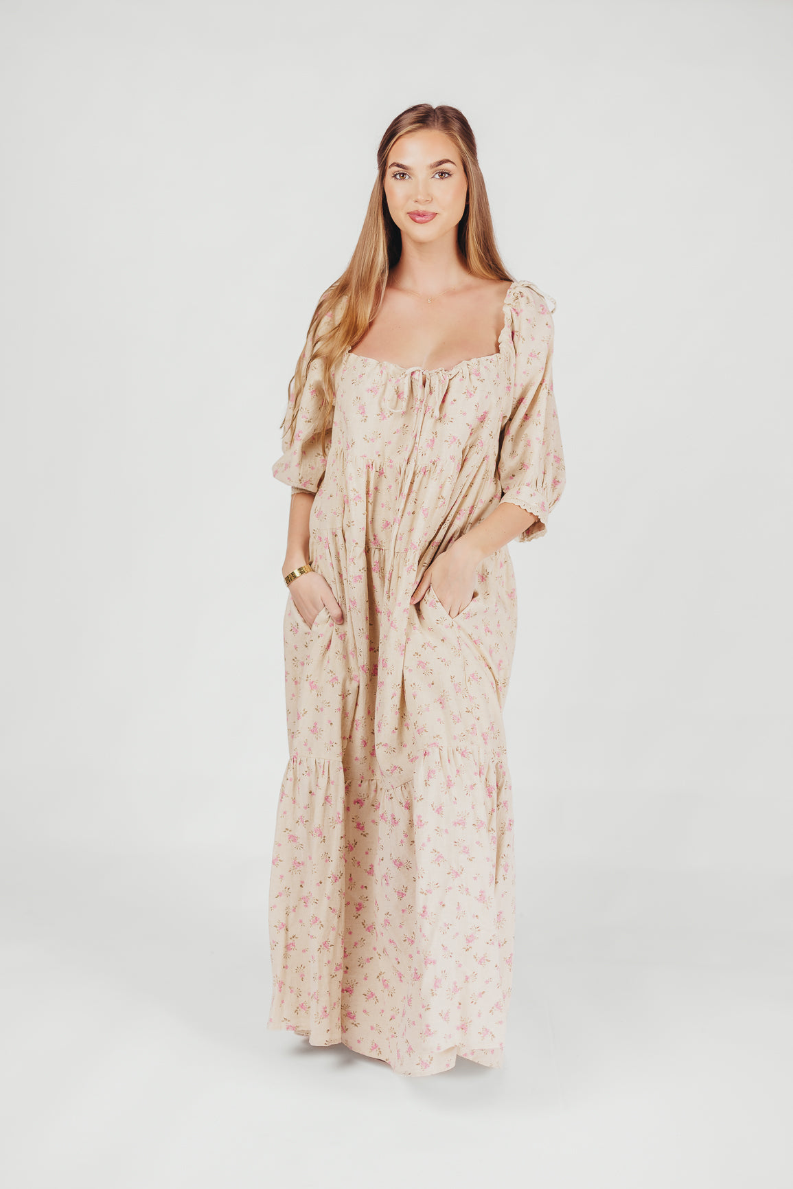 Cara 100% Cotton Maxi Dress in Pink/Brown Floral