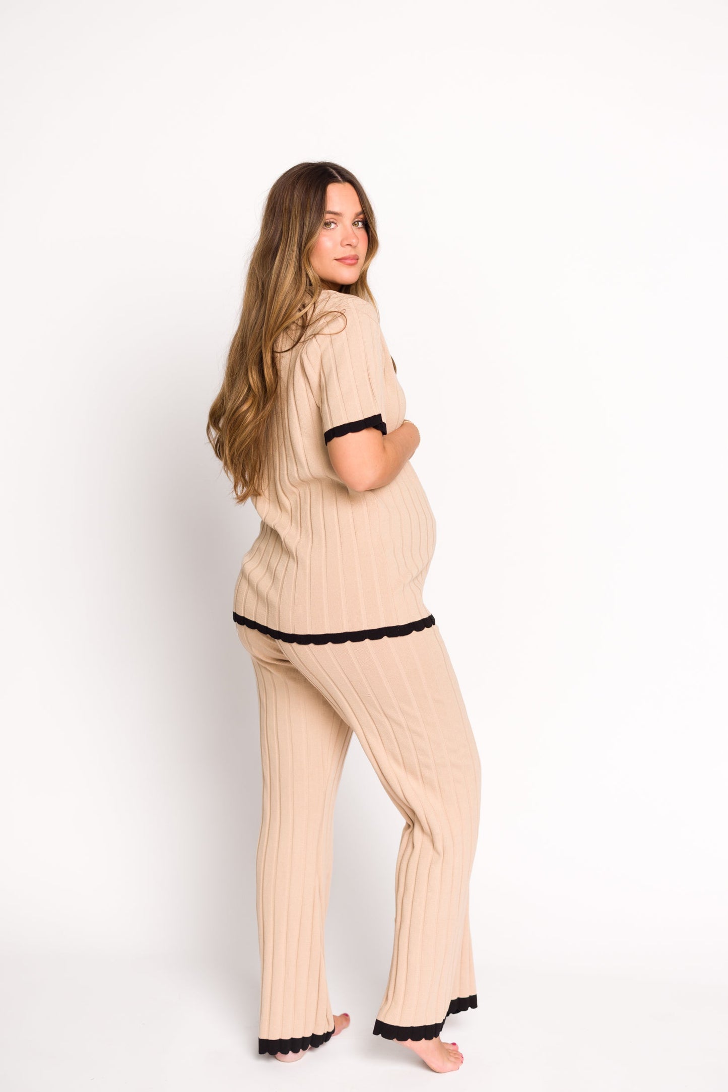 Adele Ribbed Knit Top and Pants Set in Light Taupe