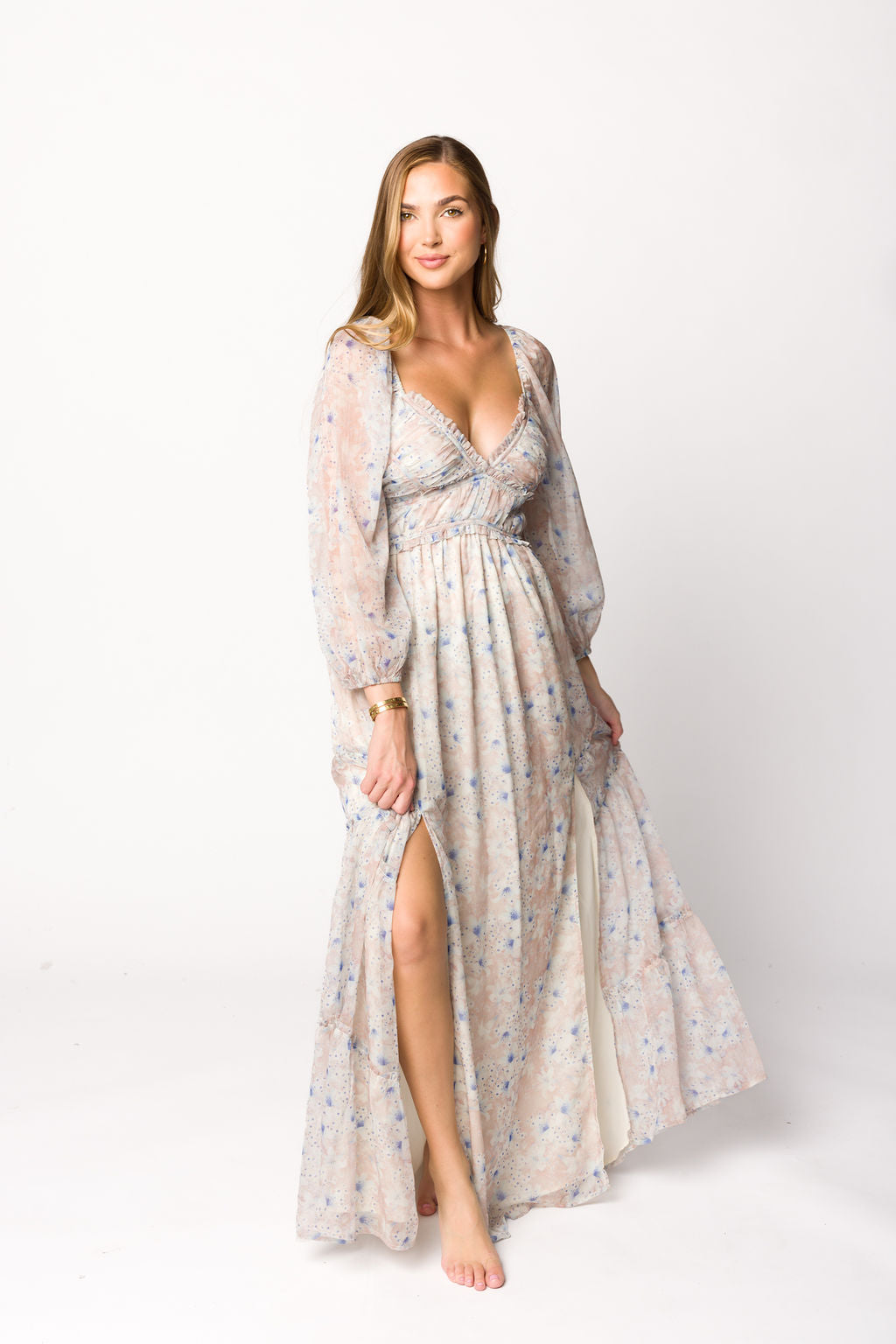 Daphne Long Sleeve Maxi Dress in Beige/Blue Floral - Bump Friendly & Inclusive Sizing (XS-3XL)