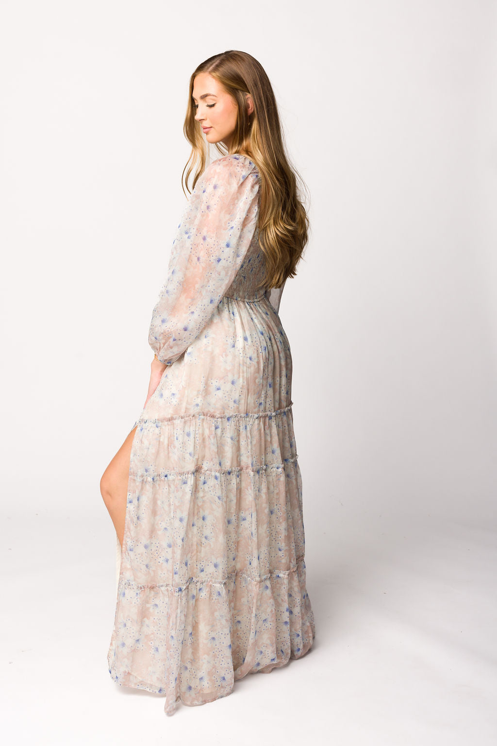 Daphne Long Sleeve Maxi Dress in Beige/Blue Floral - Bump Friendly & Inclusive Sizing (XS-3XL)