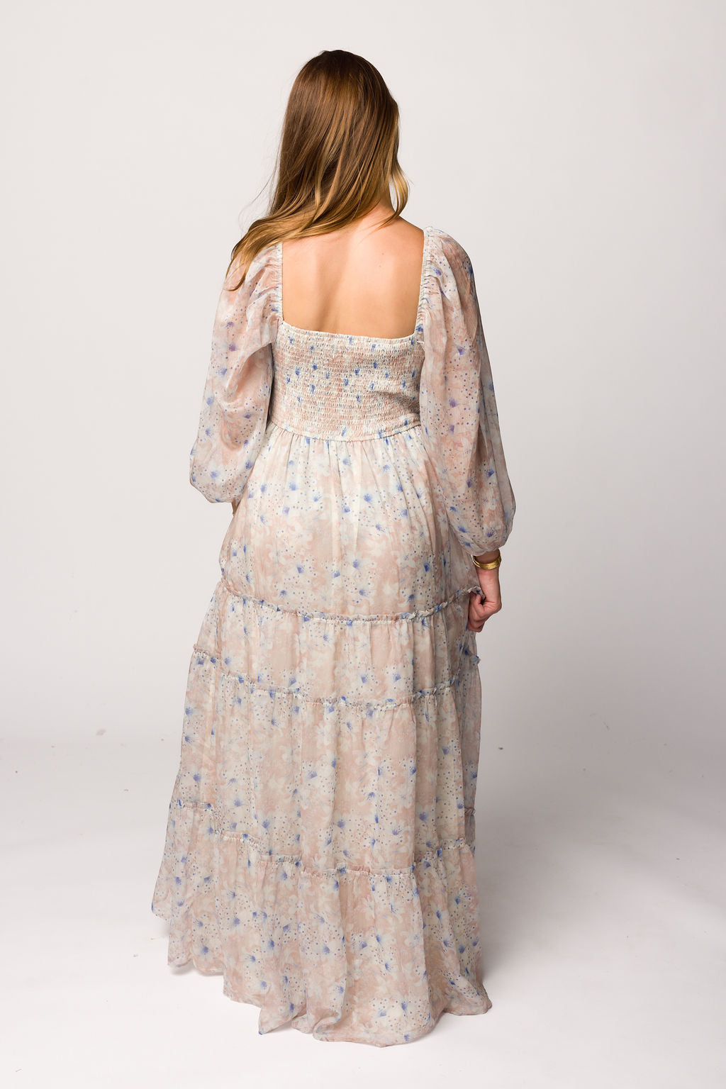 Daphne Long Sleeve Maxi Dress in Beige/Blue Floral - Bump Friendly & Inclusive Sizing (XS-3XL)