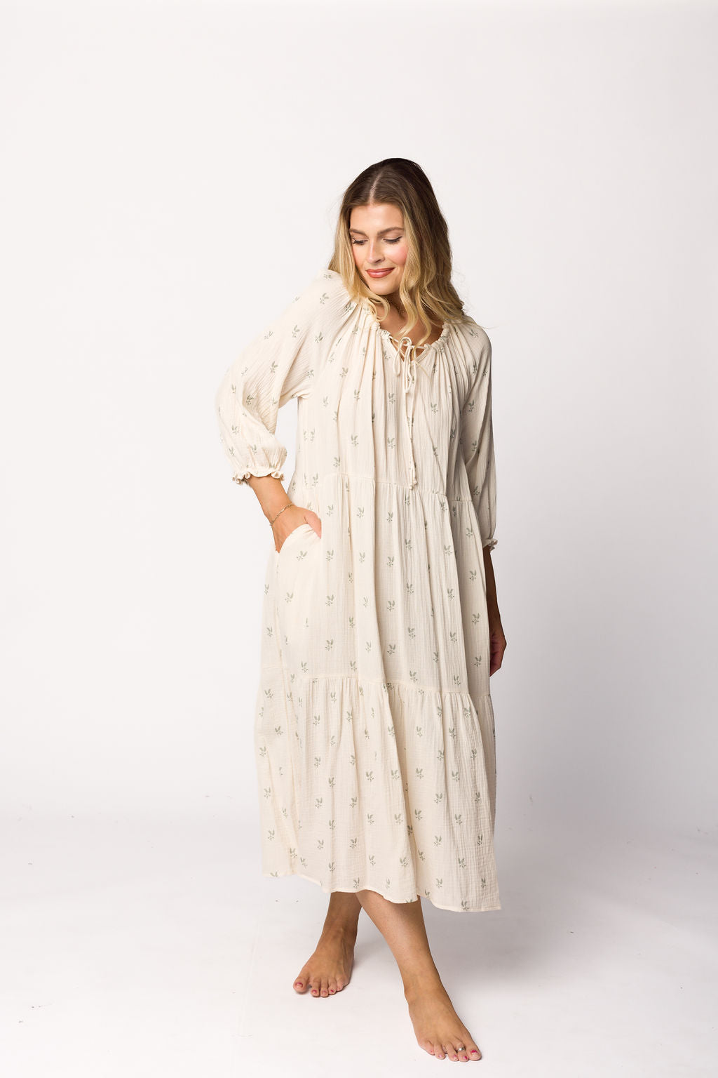 Avery Tiered Linen-Blend Midi Dress in Soy/Sage Foliage - Bump Friendly and Inclusive Sizing