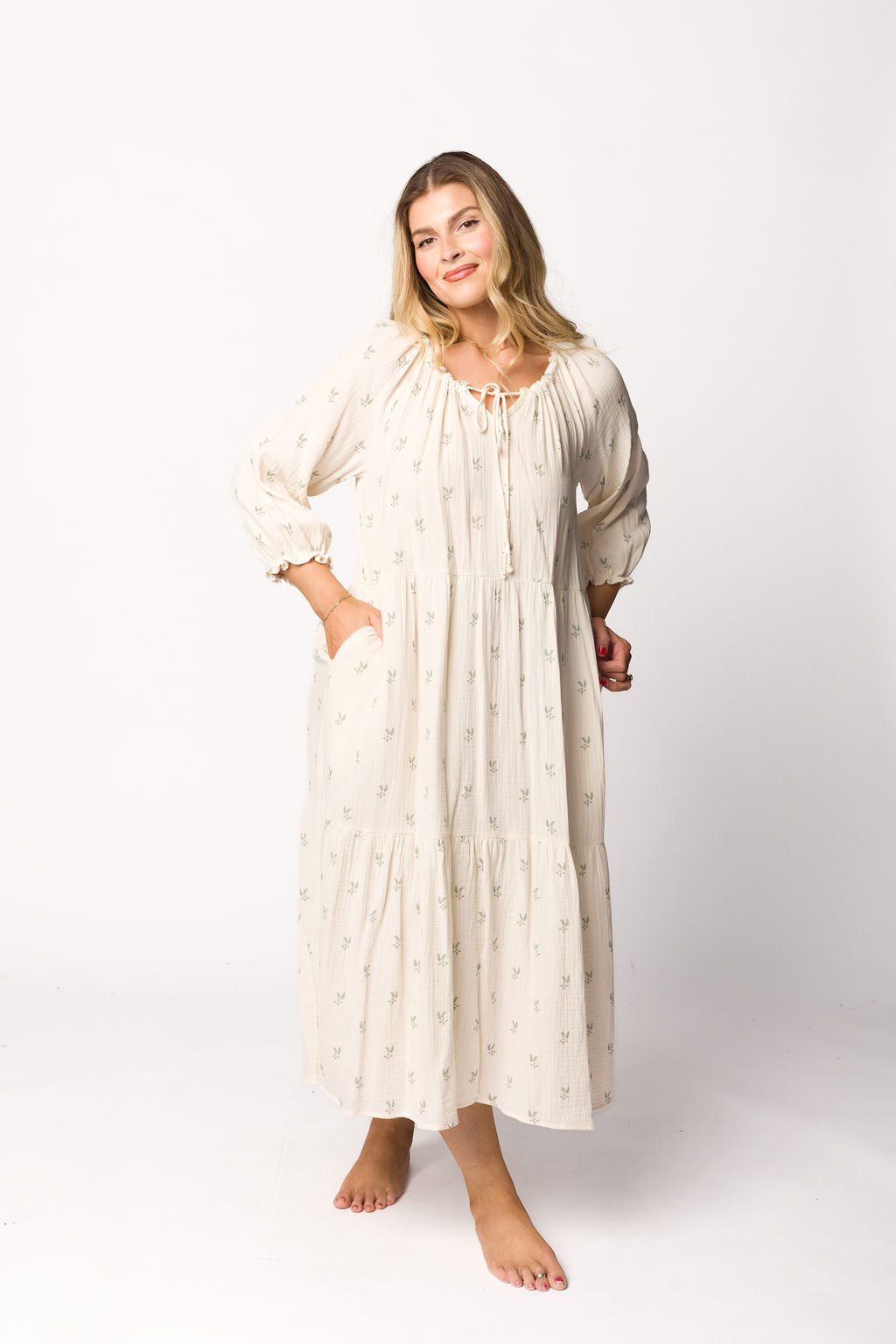 Avery Tiered Linen-Blend Midi Dress in Soy/Sage Foliage - Bump Friendly and Inclusive Sizing