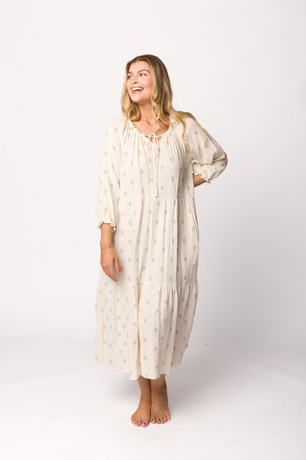 Avery Tiered Linen-Blend Midi Dress in Soy/Sage Foliage - Bump Friendly and Inclusive Sizing