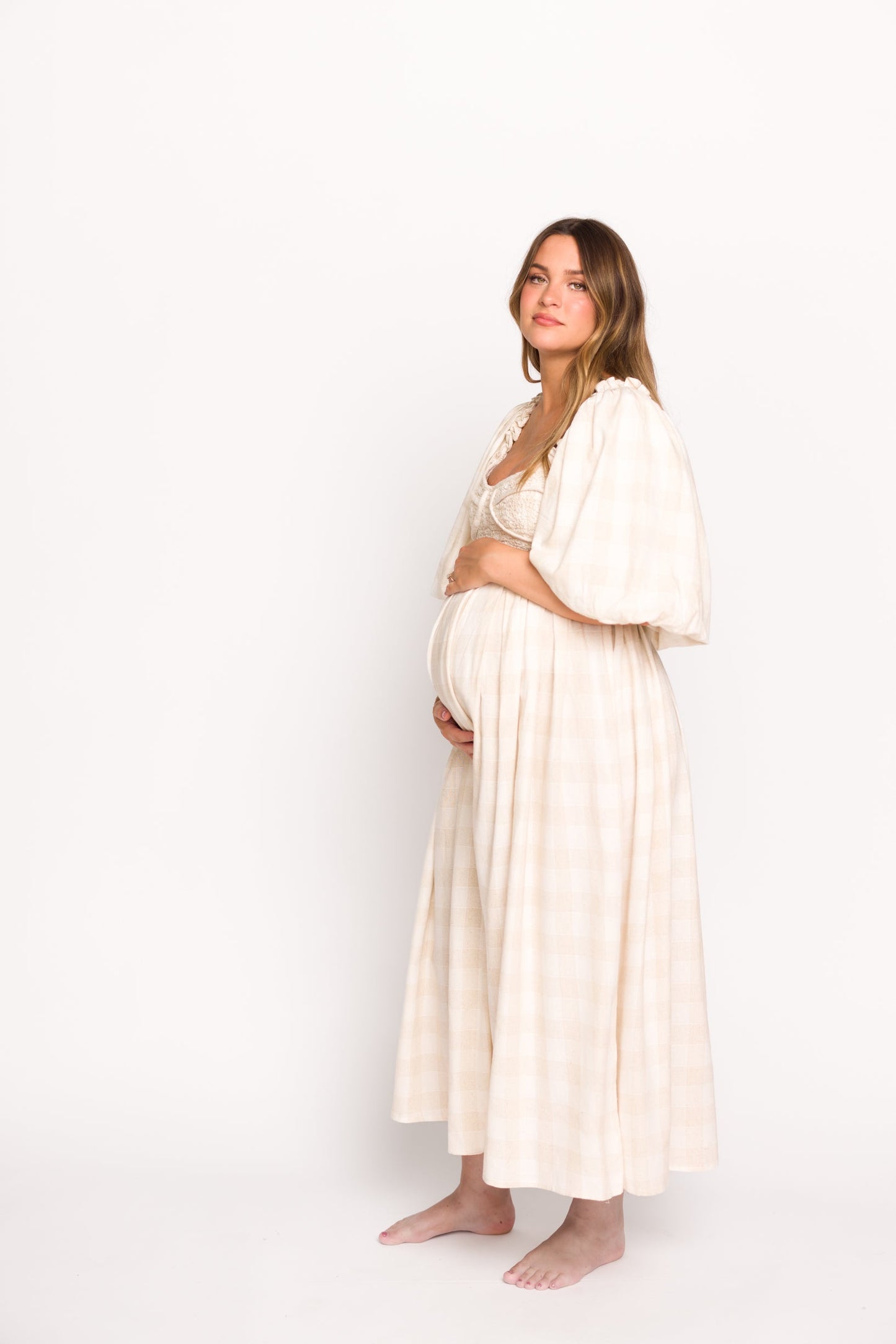 Harlow Maxi Dress in Natural Plaid - Bump Friendly