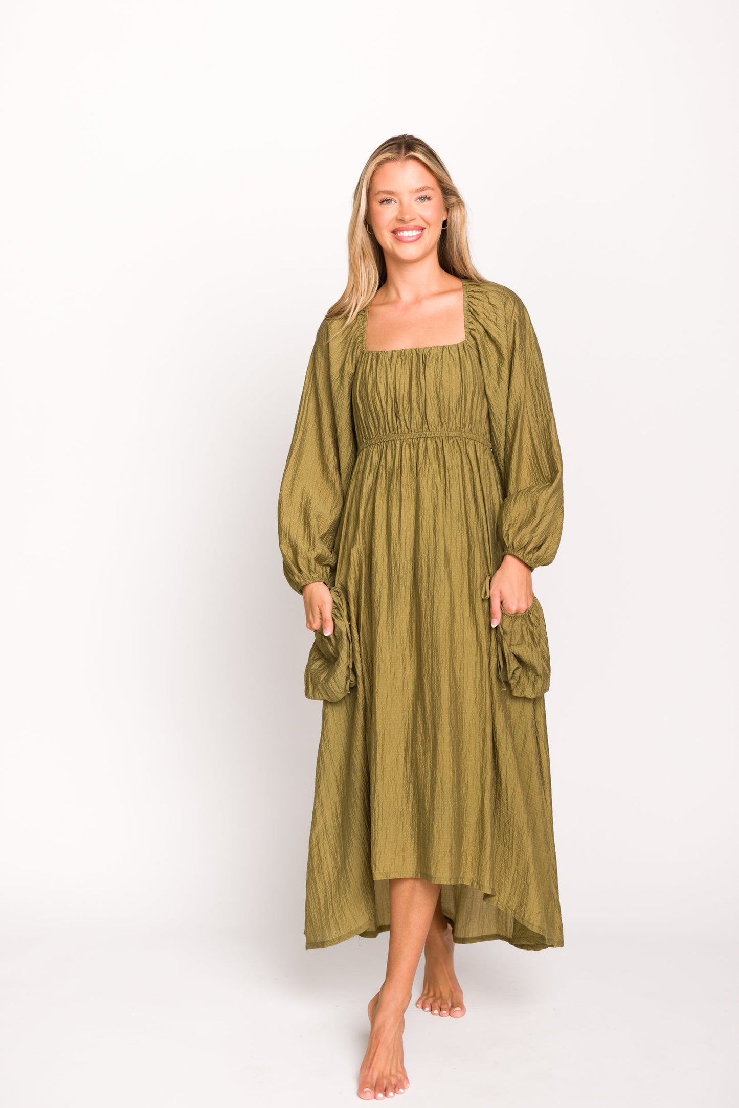 Ariana Long Sleeved Maxi Dress with Slouchy Pocket in Olive