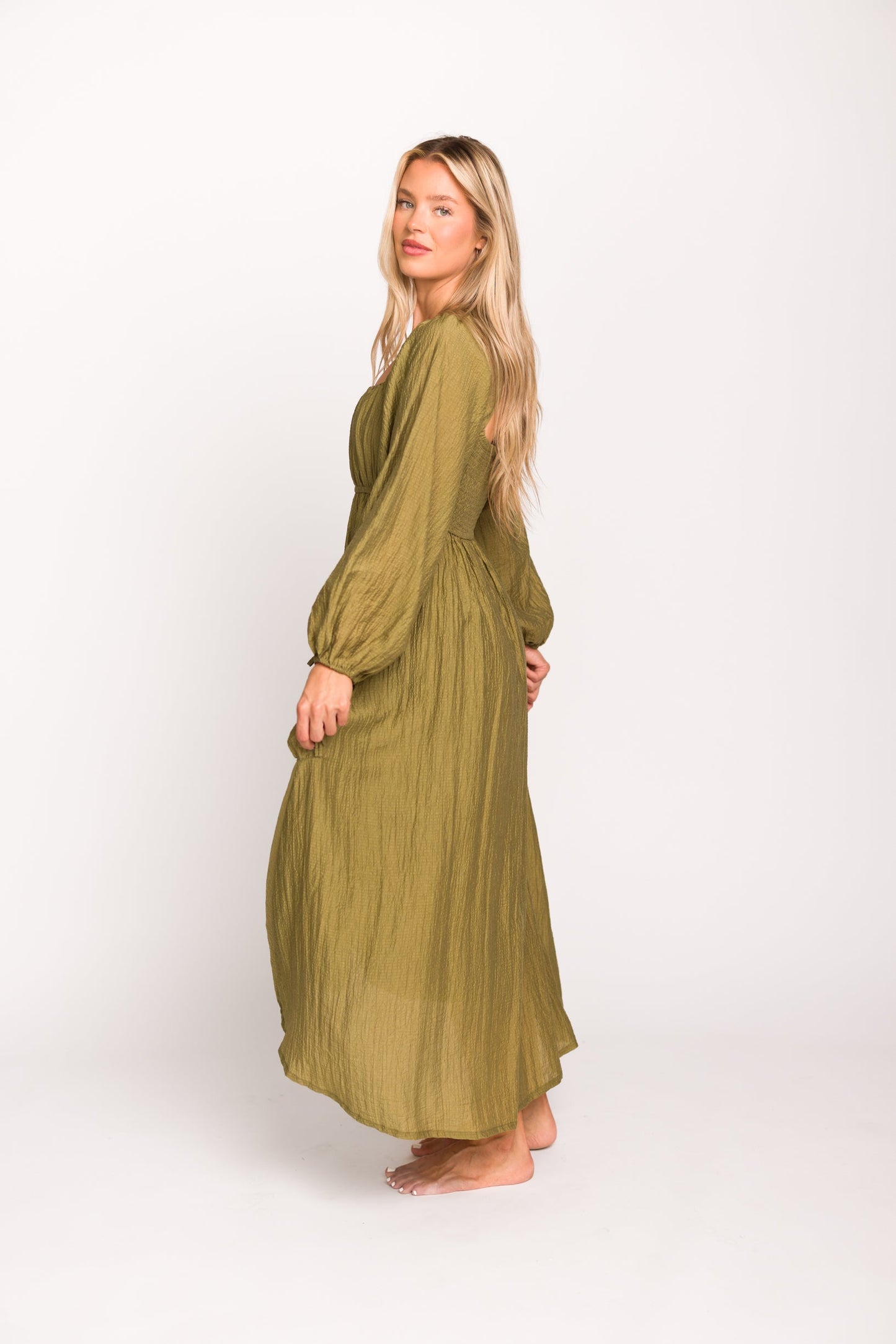 Ariana Long Sleeved Maxi Dress with Slouchy Pocket in Olive