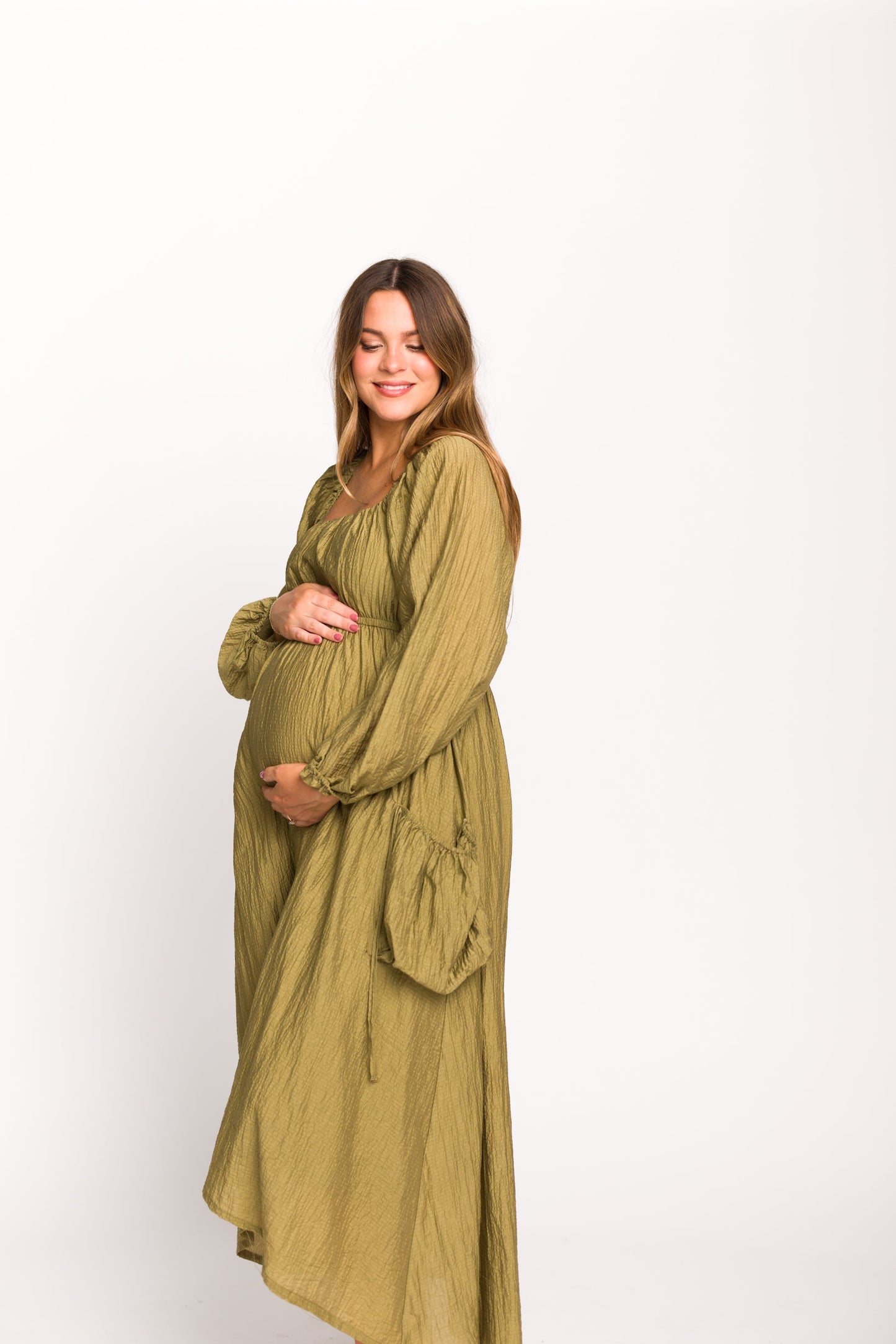 Ariana Long Sleeved Maxi Dress with Slouchy Pocket in Olive
