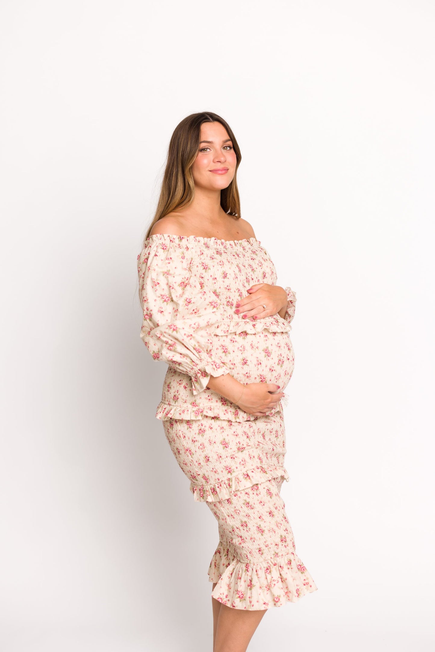 Lila Floral Printed Smocked Midi Dress in Pink - Bump Friendly