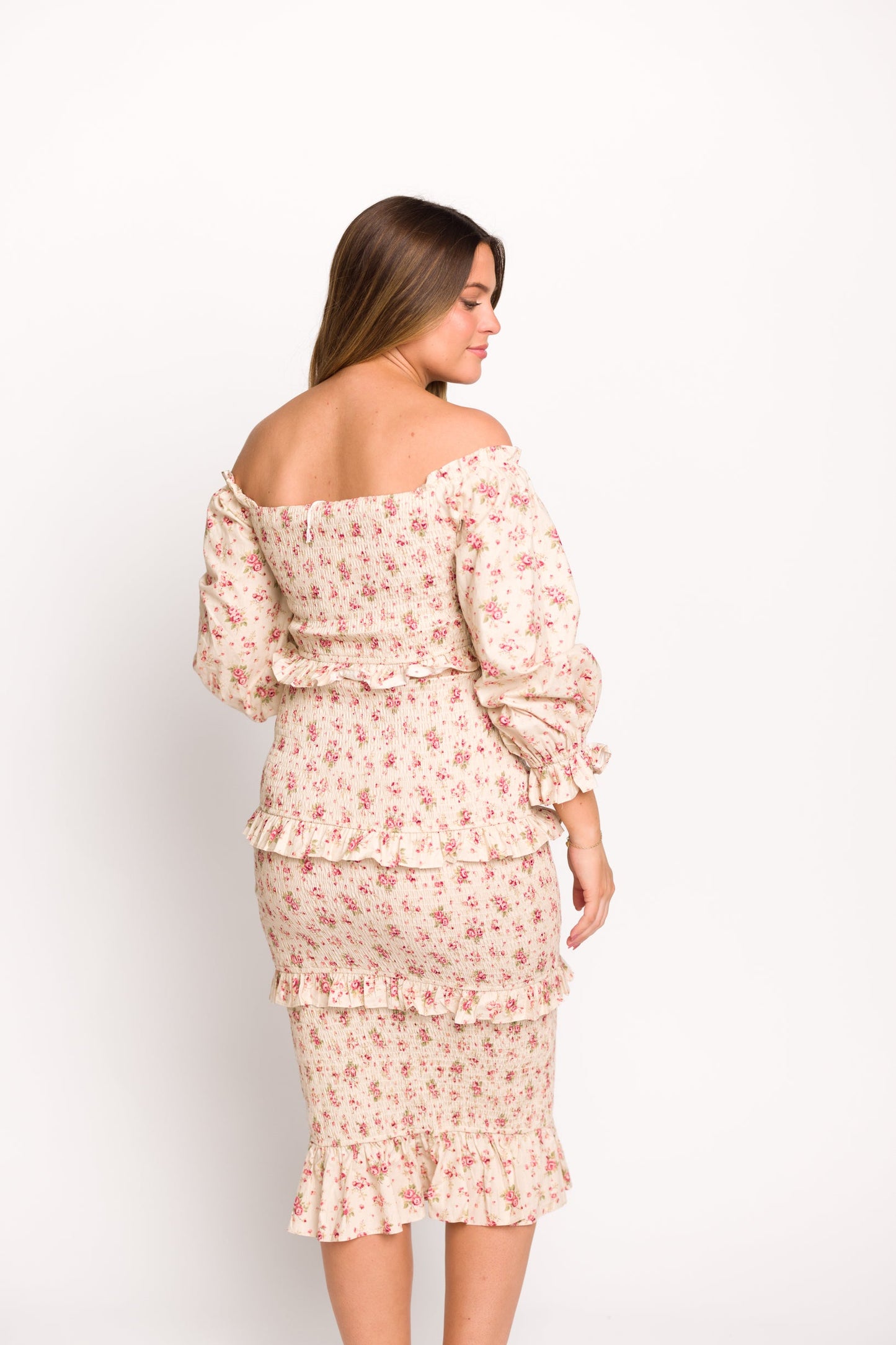 Lila Floral Printed Smocked Midi Dress in Pink - Bump Friendly