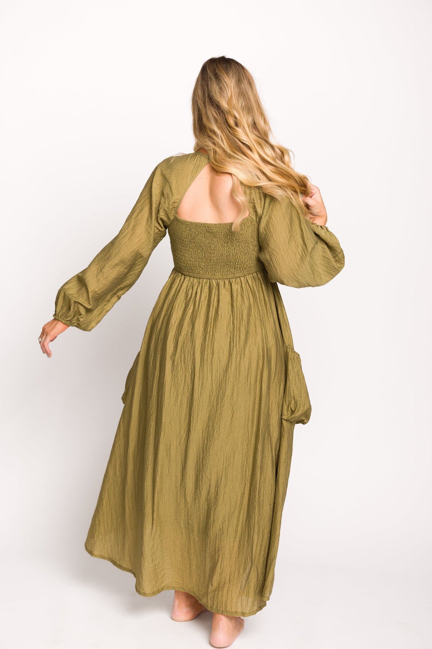Ariana Long Sleeved Maxi Dress with Slouchy Pocket in Olive