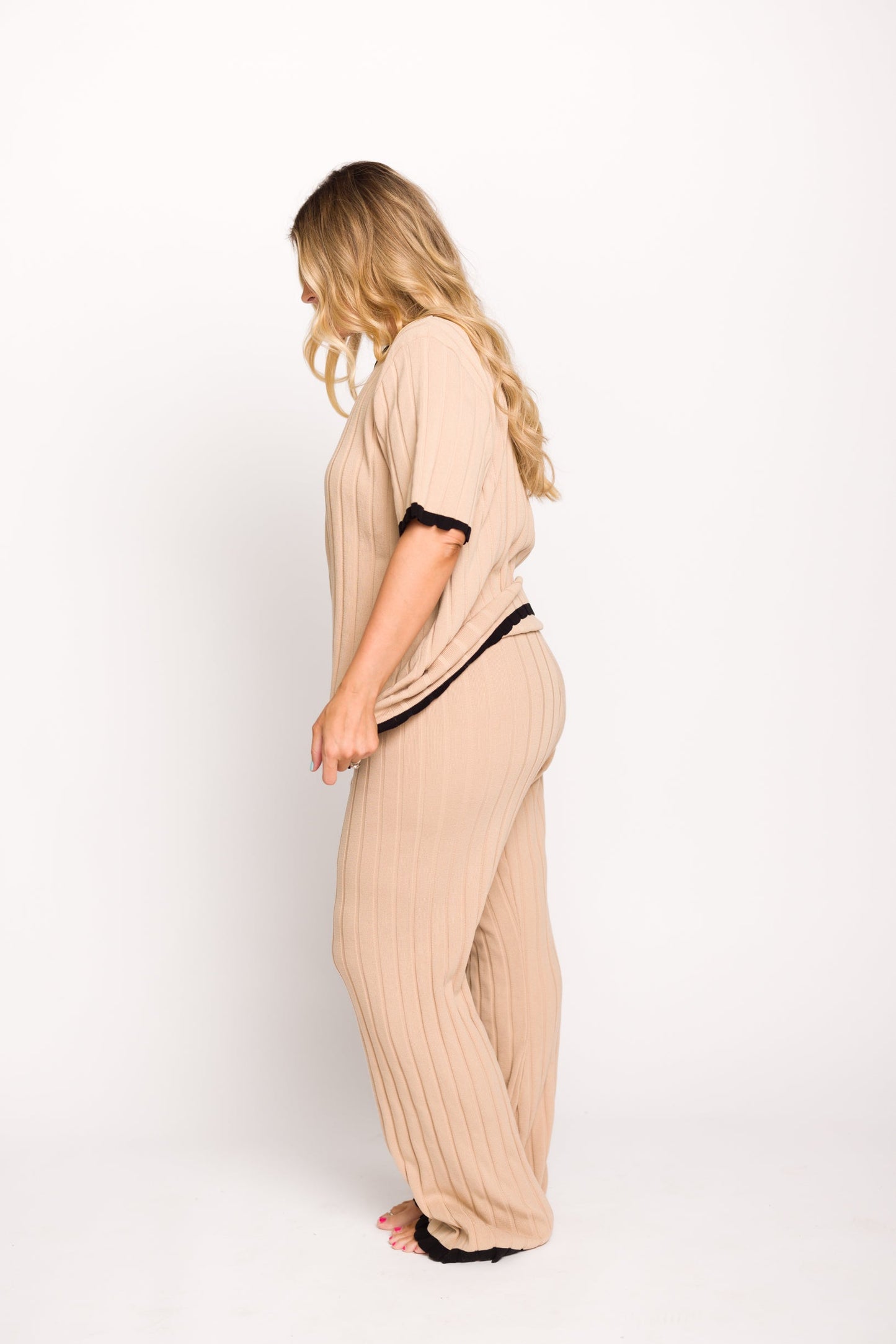 Adele Ribbed Knit Top and Pants Set in Light Taupe