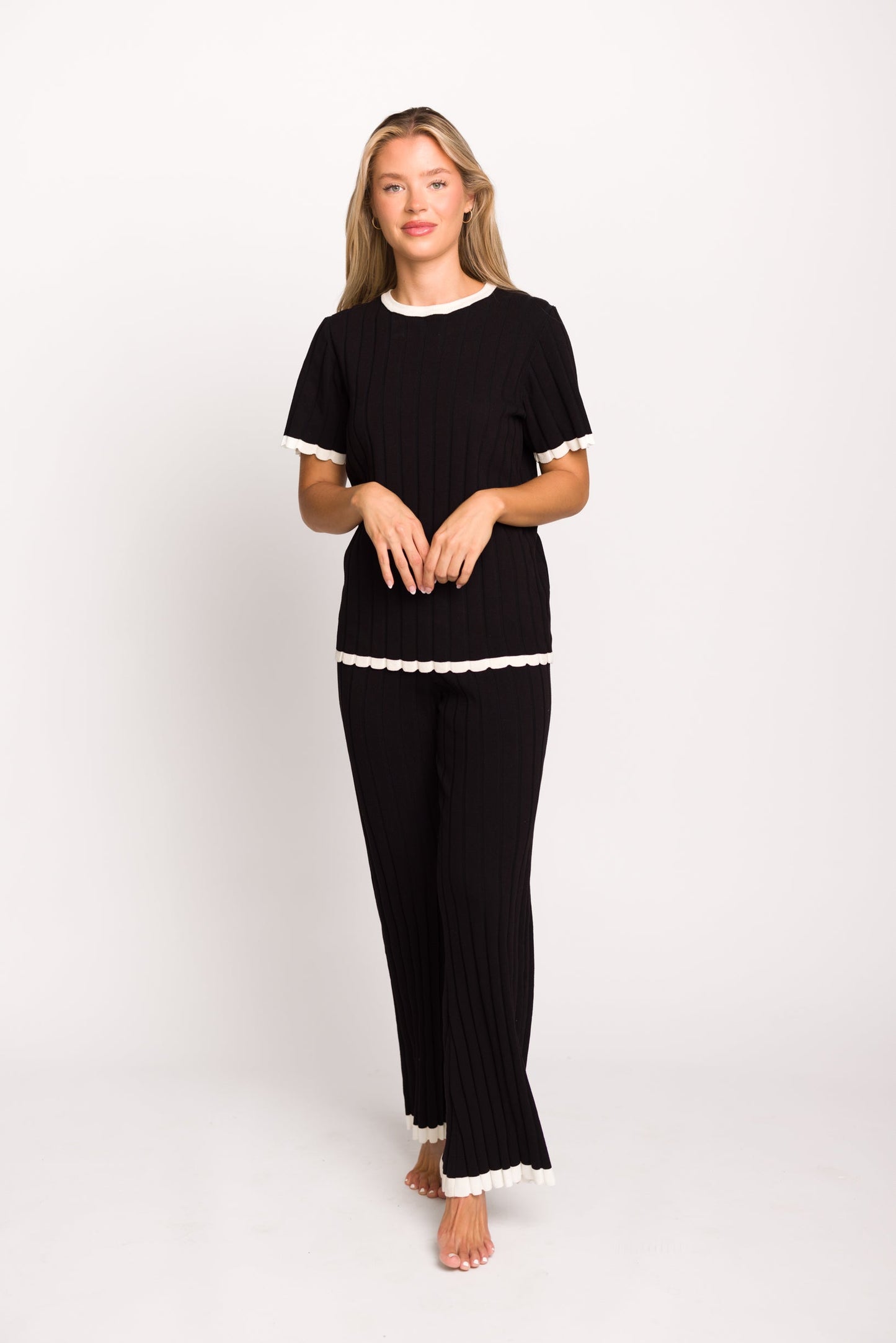 Adele Ribbed Knit Top and Pants Set in Black