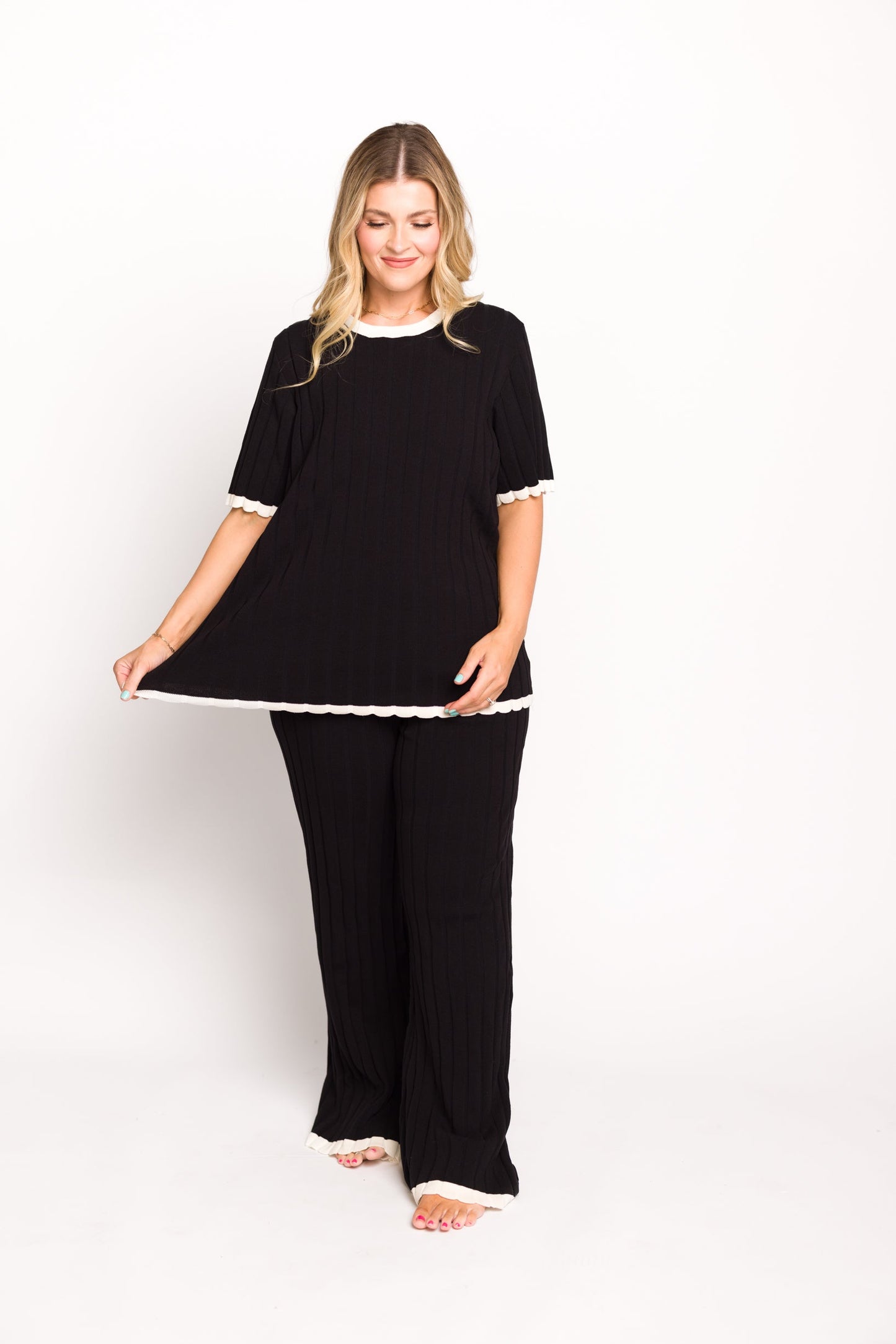 Adele Ribbed Knit Top and Pants Set in Black