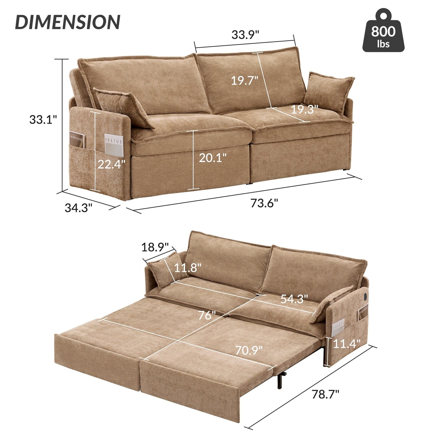 73.6 Corduroy 3-in-1 Convertible Sofa Bed with Pull-Out Sleeper, USB Charging Ports, and Side Storage