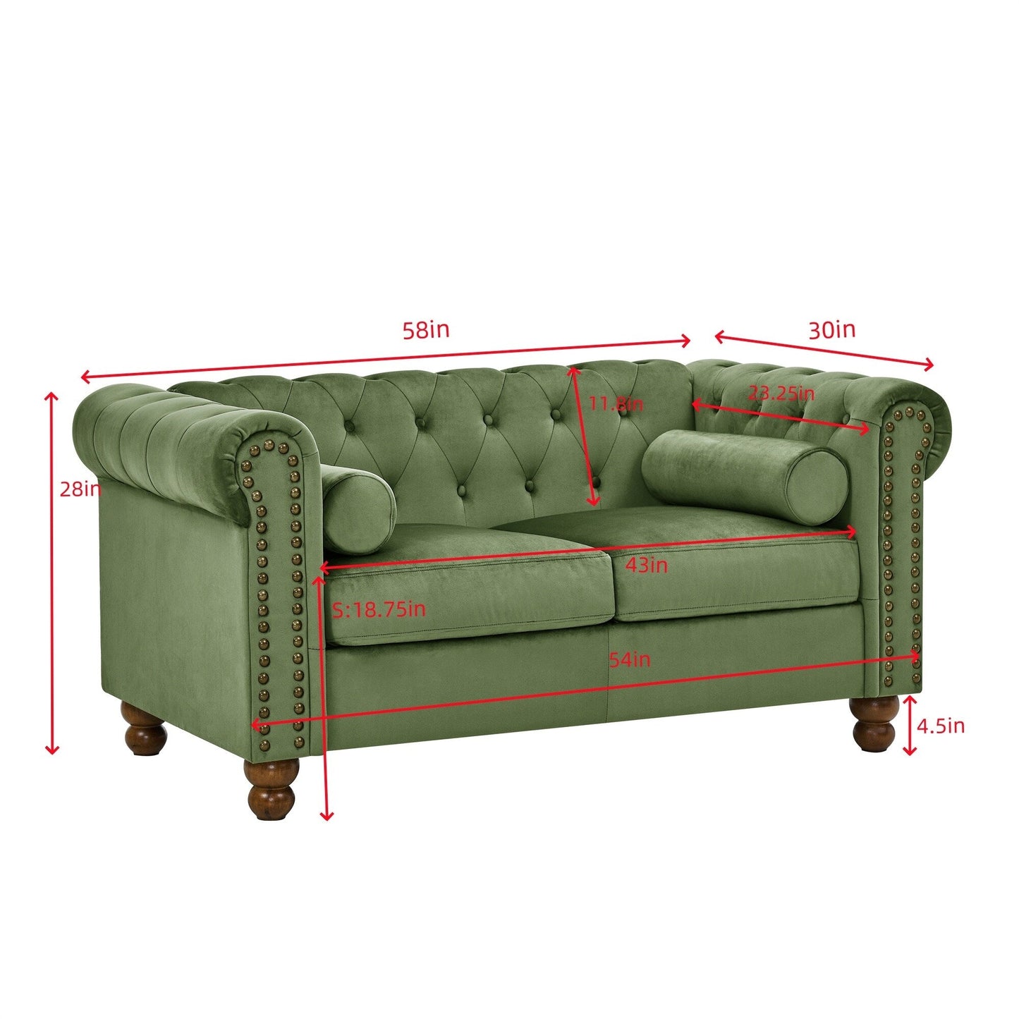 74.5 Velvet 3-Seater Sofa with Button Tufted Back, Nailhead Trim, and Turned Legs