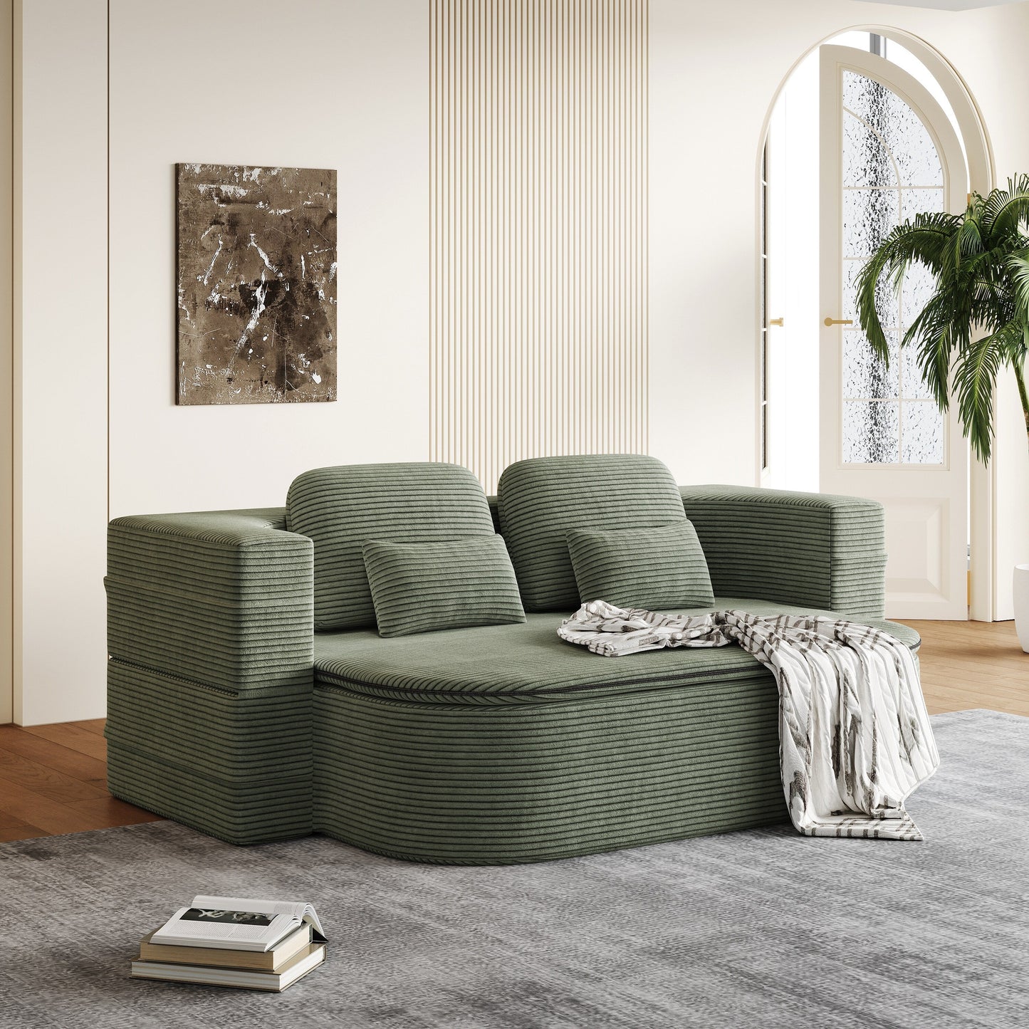 75'' Convertible Sleeper Sofa Bed with Blanket Floor Sofa Lounge Sofa for Living Room