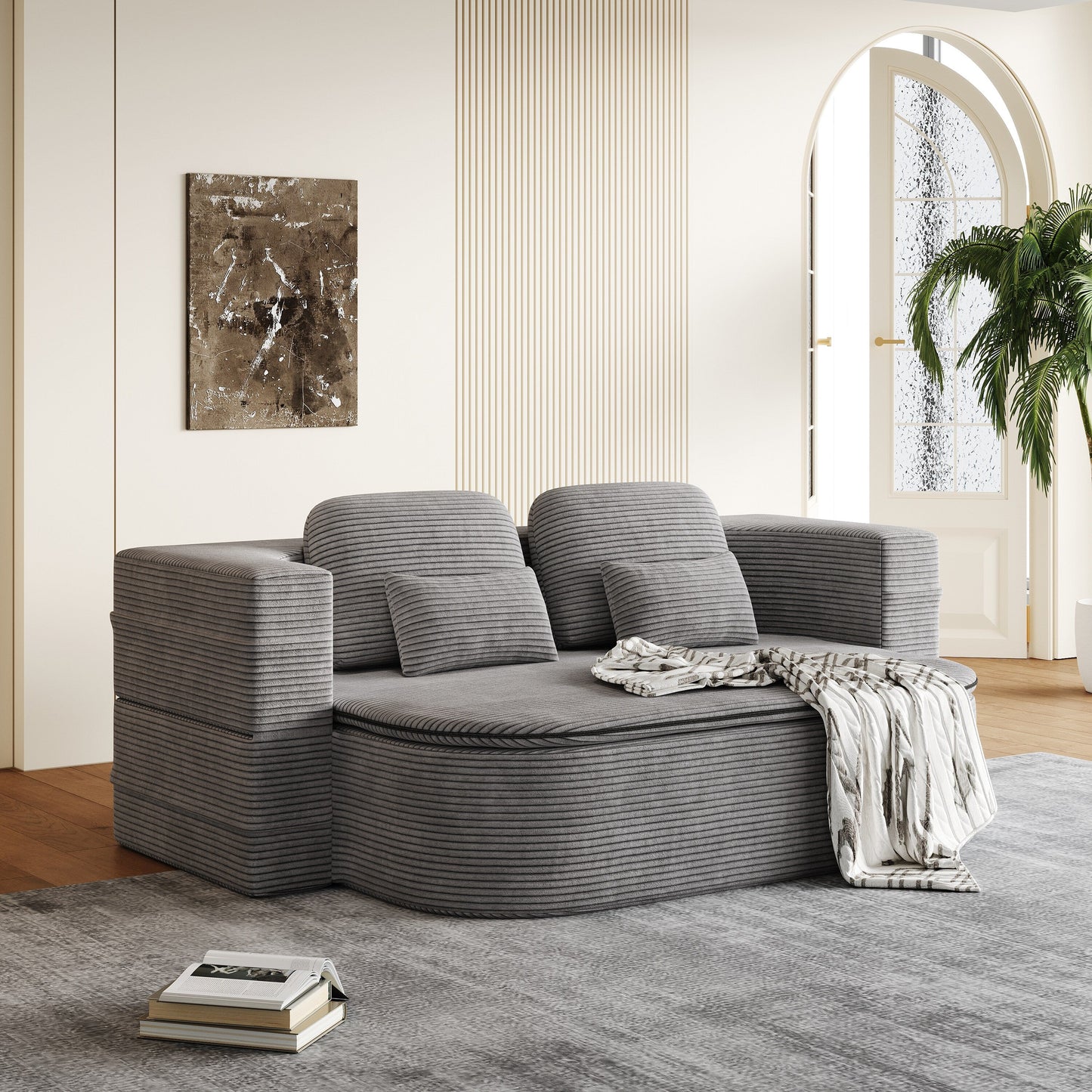 75'' Convertible Sleeper Sofa Bed with Blanket Floor Sofa Lounge Sofa for Living Room
