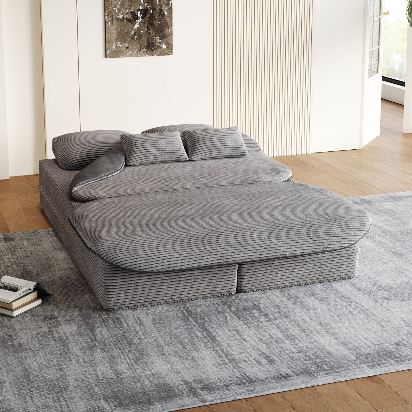 75'' Convertible Sleeper Sofa Bed with Blanket Floor Sofa Lounge Sofa for Living Room