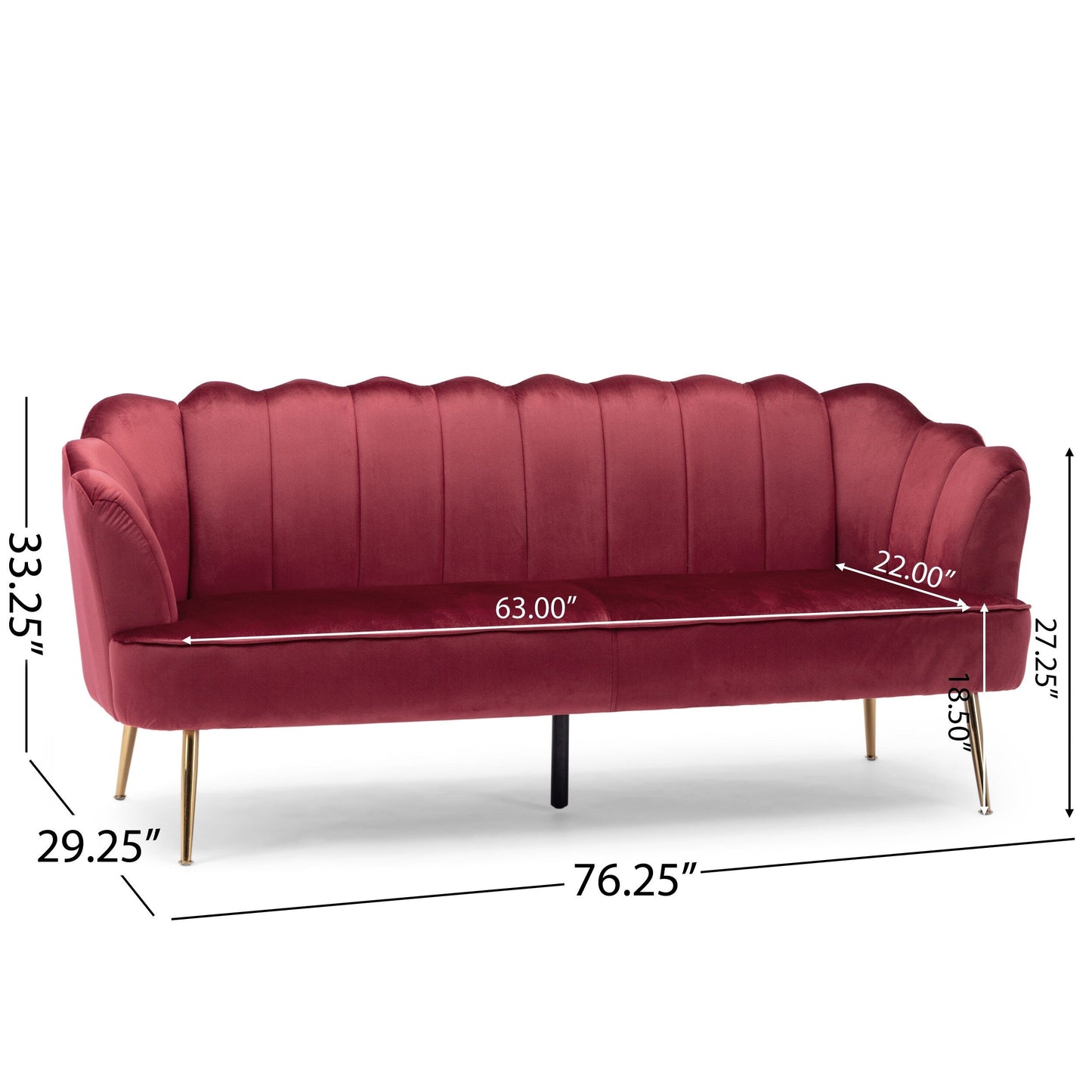 76.25 Velvet Channel Stitching 3-seater Sofa with Metal Legs for Living Room