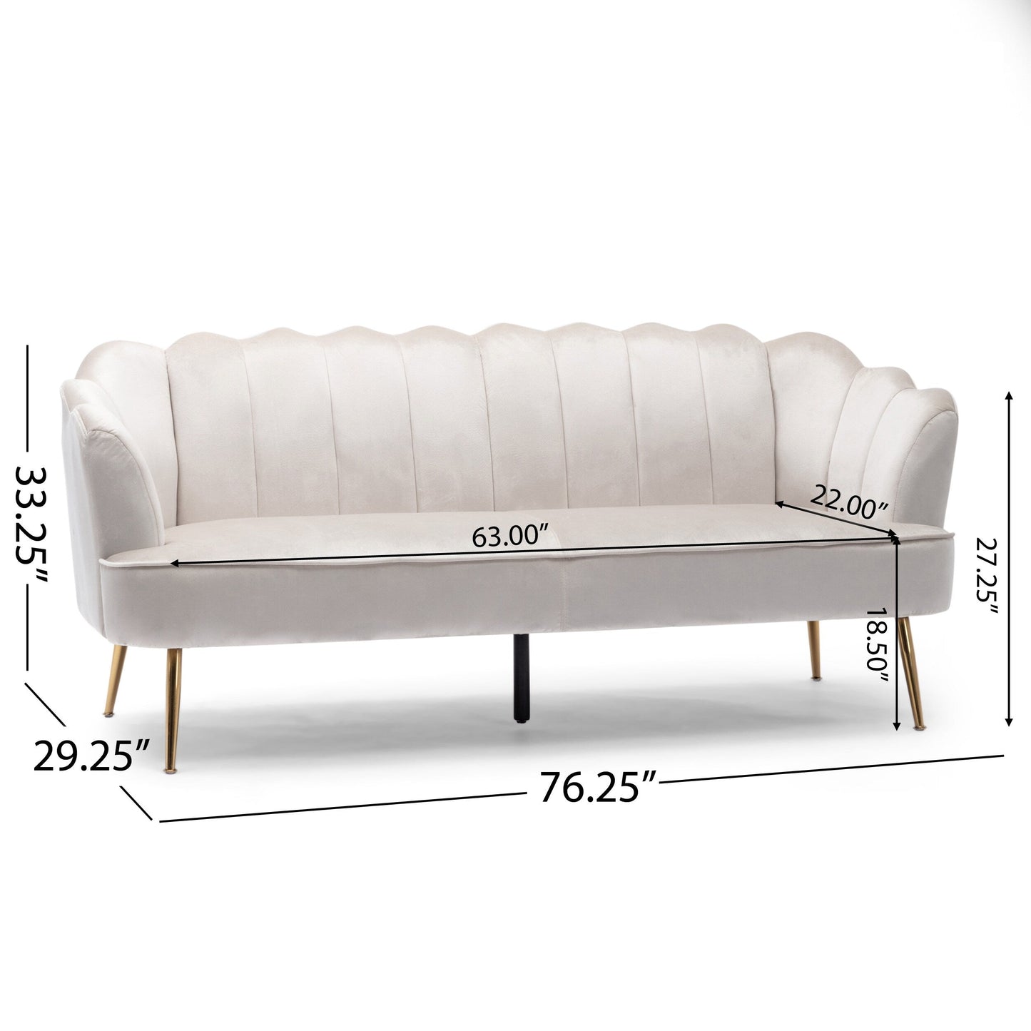 76.25 Velvet Channel Stitching 3-seater Sofa with Metal Legs for Living Room