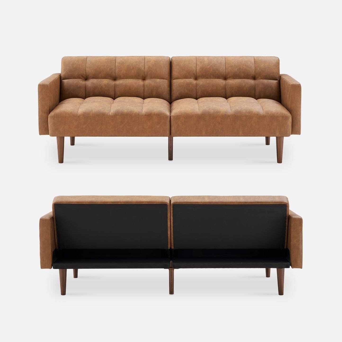 76.8 Mid Century Futon Sofa Bed - Convertible Sleeper Loveseat for Living Room & Bedroom, Faux Leather Pecan Brown