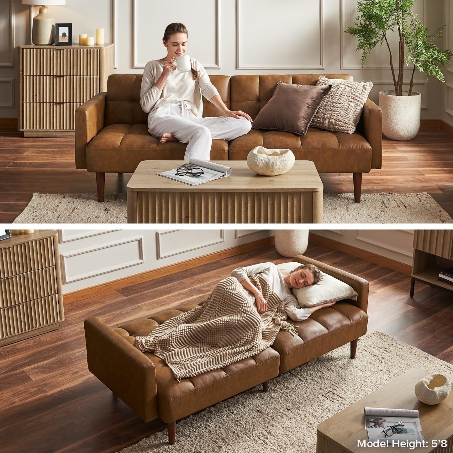 76.8 Mid Century Futon Sofa Bed - Convertible Sleeper Loveseat for Living Room & Bedroom, Faux Leather Pecan Brown