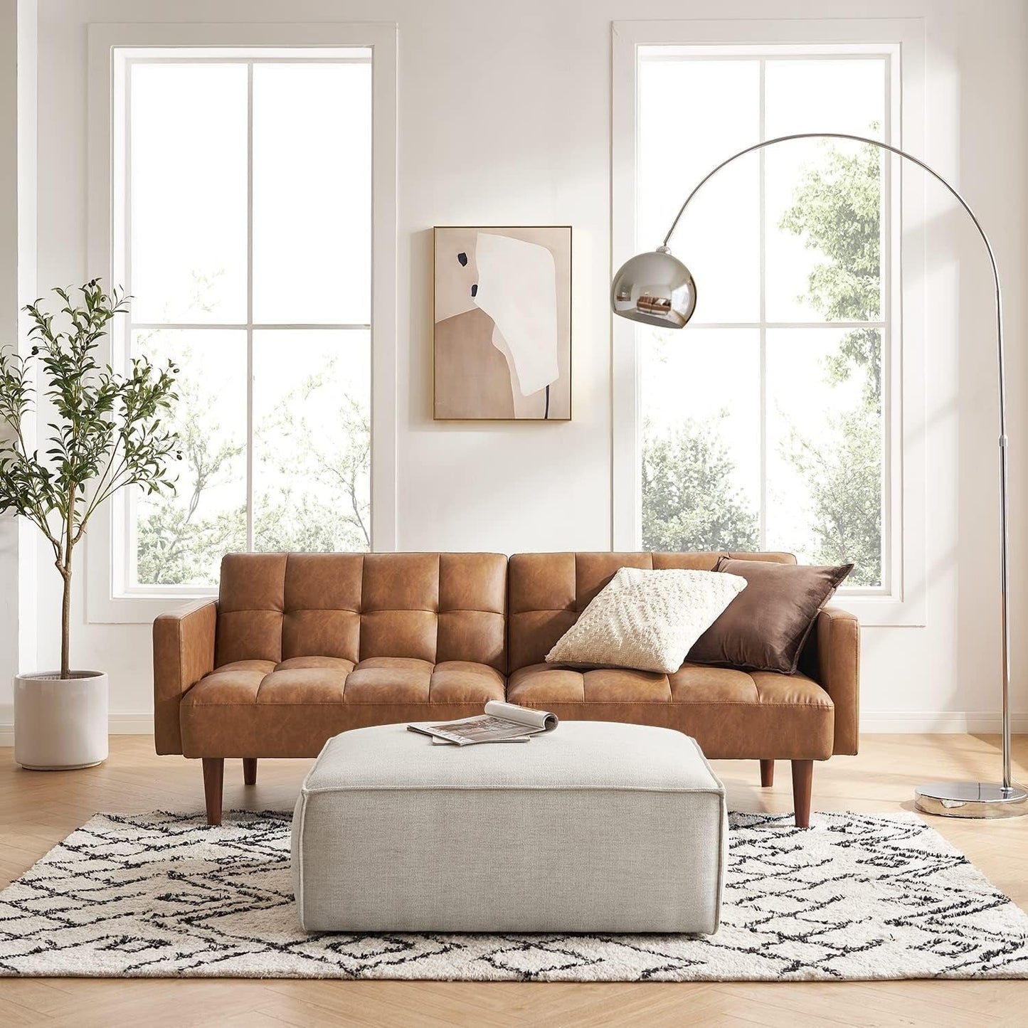76.8 Mid Century Futon Sofa Bed - Convertible Sleeper Loveseat for Living Room & Bedroom, Faux Leather Pecan Brown