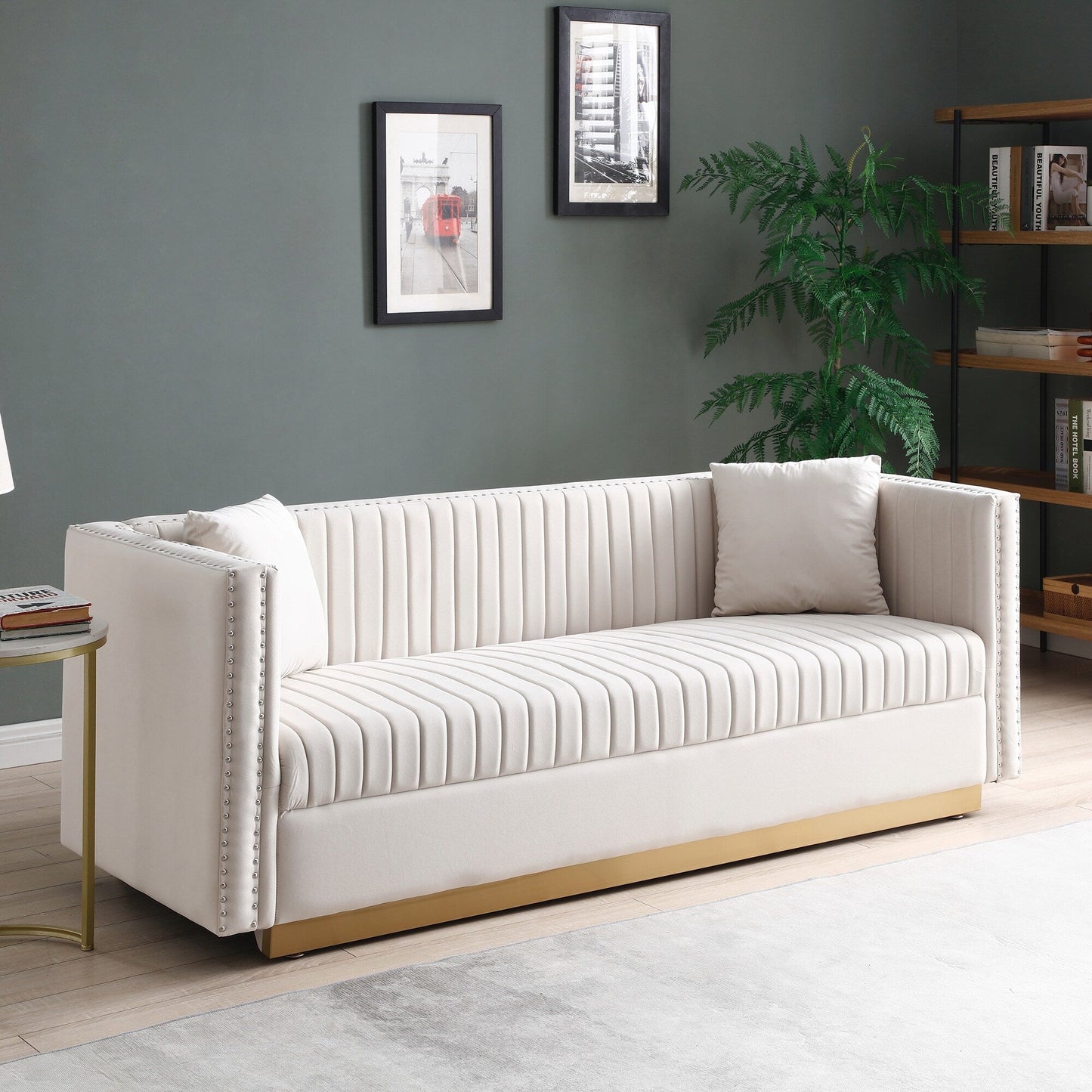 78 Velvet 3-Seater Sofa with Vertical Channel Tufting, Gold Base, Nailhead Trim, and 2 Pillows