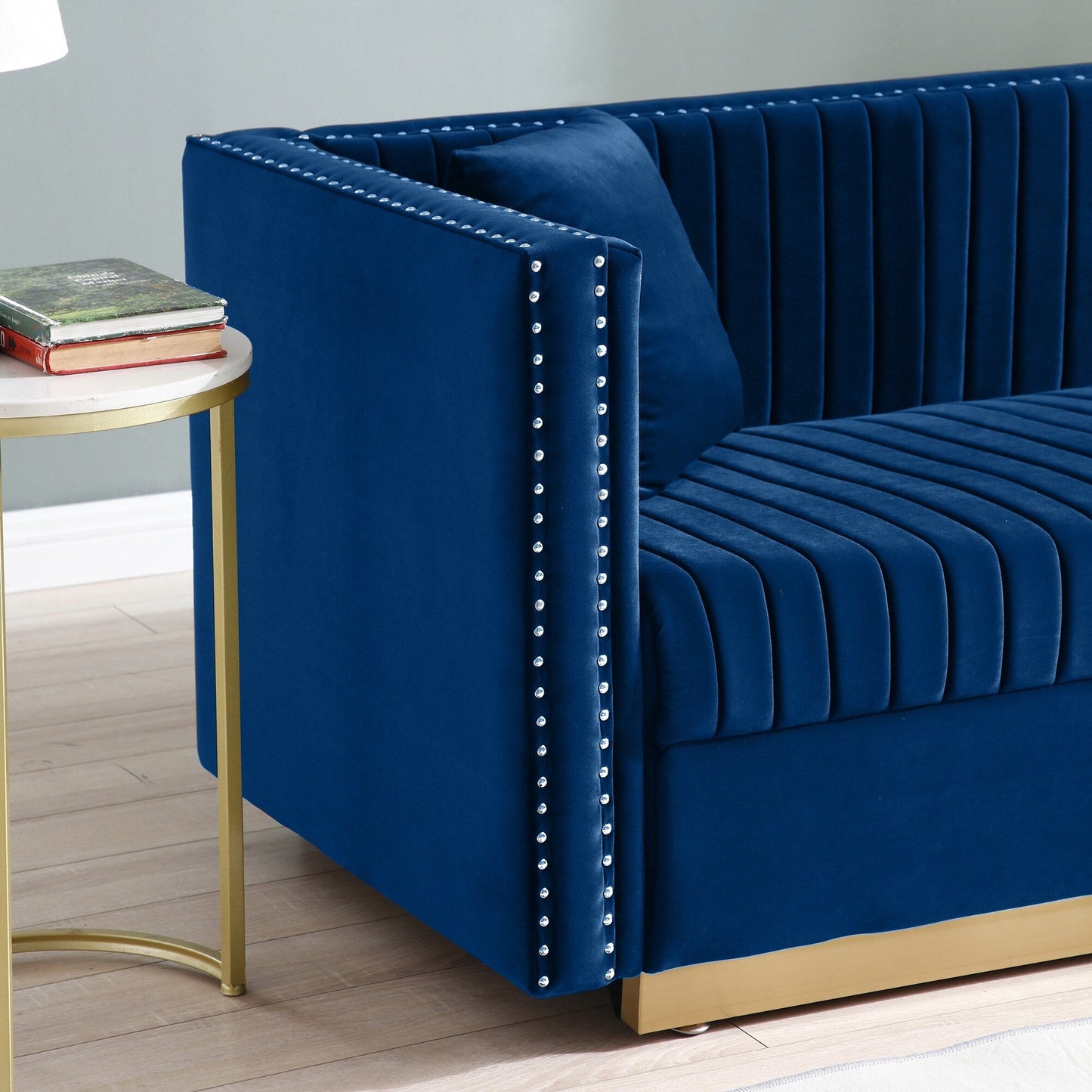 78 Velvet 3-Seater Sofa with Vertical Channel Tufting, Gold Base, Nailhead Trim, and 2 Pillows