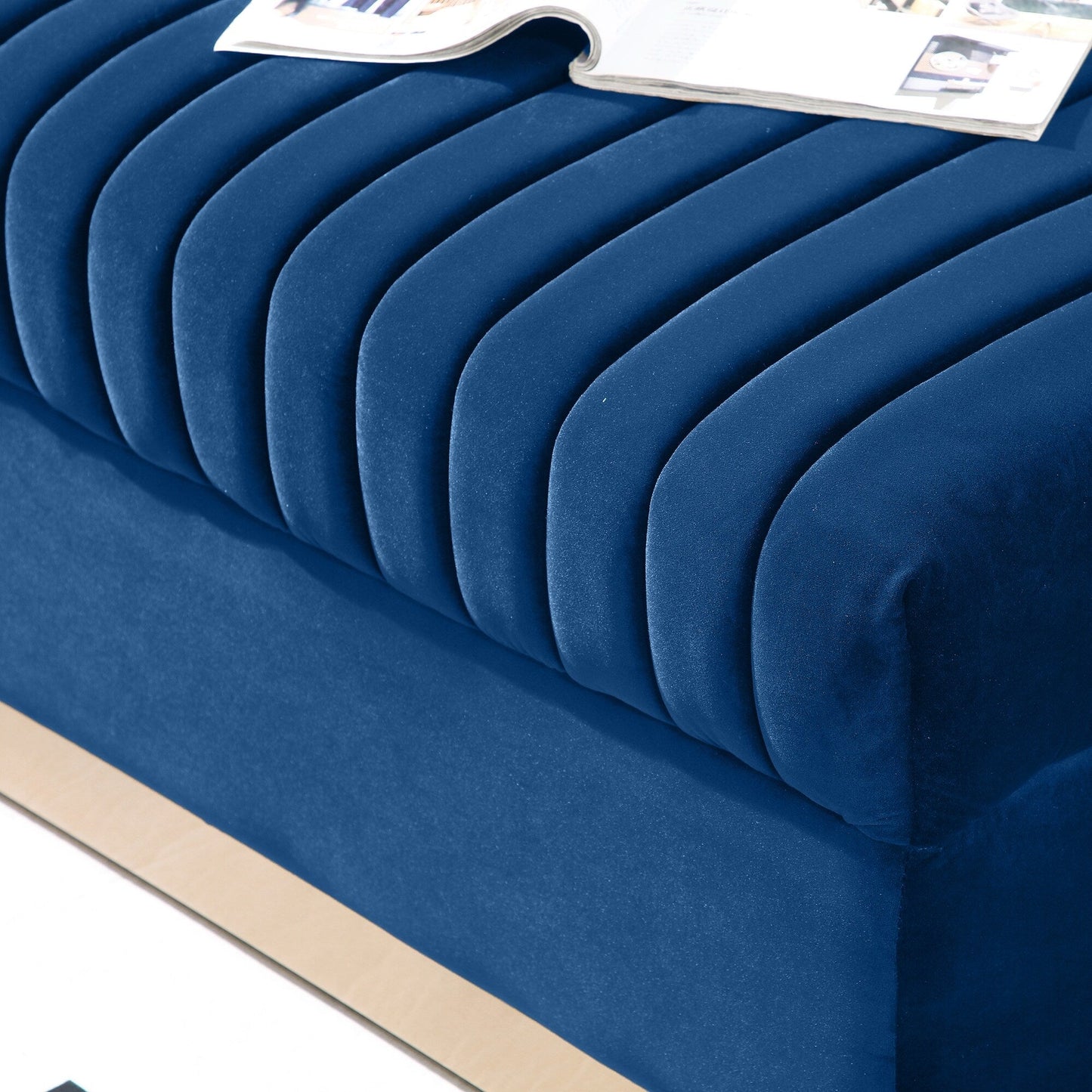 78 Velvet 3-Seater Sofa with Vertical Channel Tufting, Gold Base, Nailhead Trim, and 2 Pillows