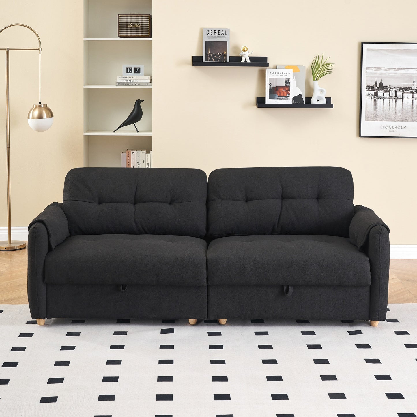 79.50 inches long, Teddy Cotton Linen Sofa Fabric, with metal conical long legs, metal strip matching, stylish and simple