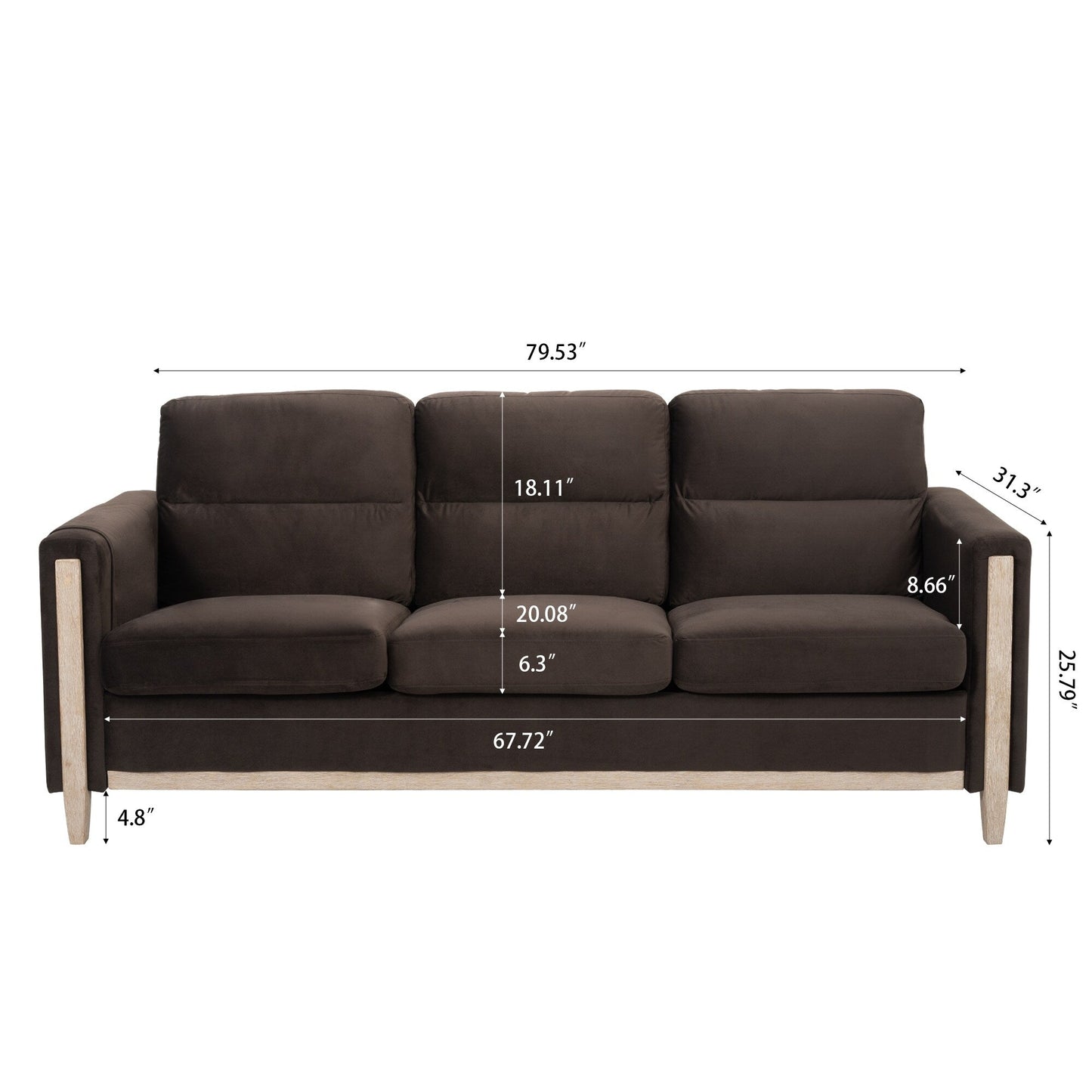 79.5 Velvet Solid Wood 3-Seater Sofa with Pocket Spring Seat, PP Foam Backrest, and Side Storage Pocket