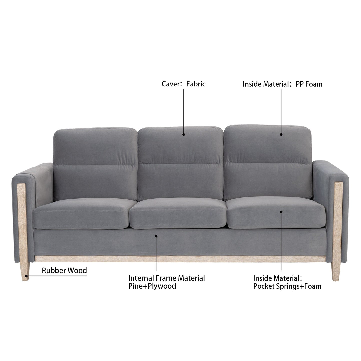 79.5 Velvet Solid Wood 3-Seater Sofa with Pocket Spring Seat, PP Foam Backrest, and Side Storage Pocket