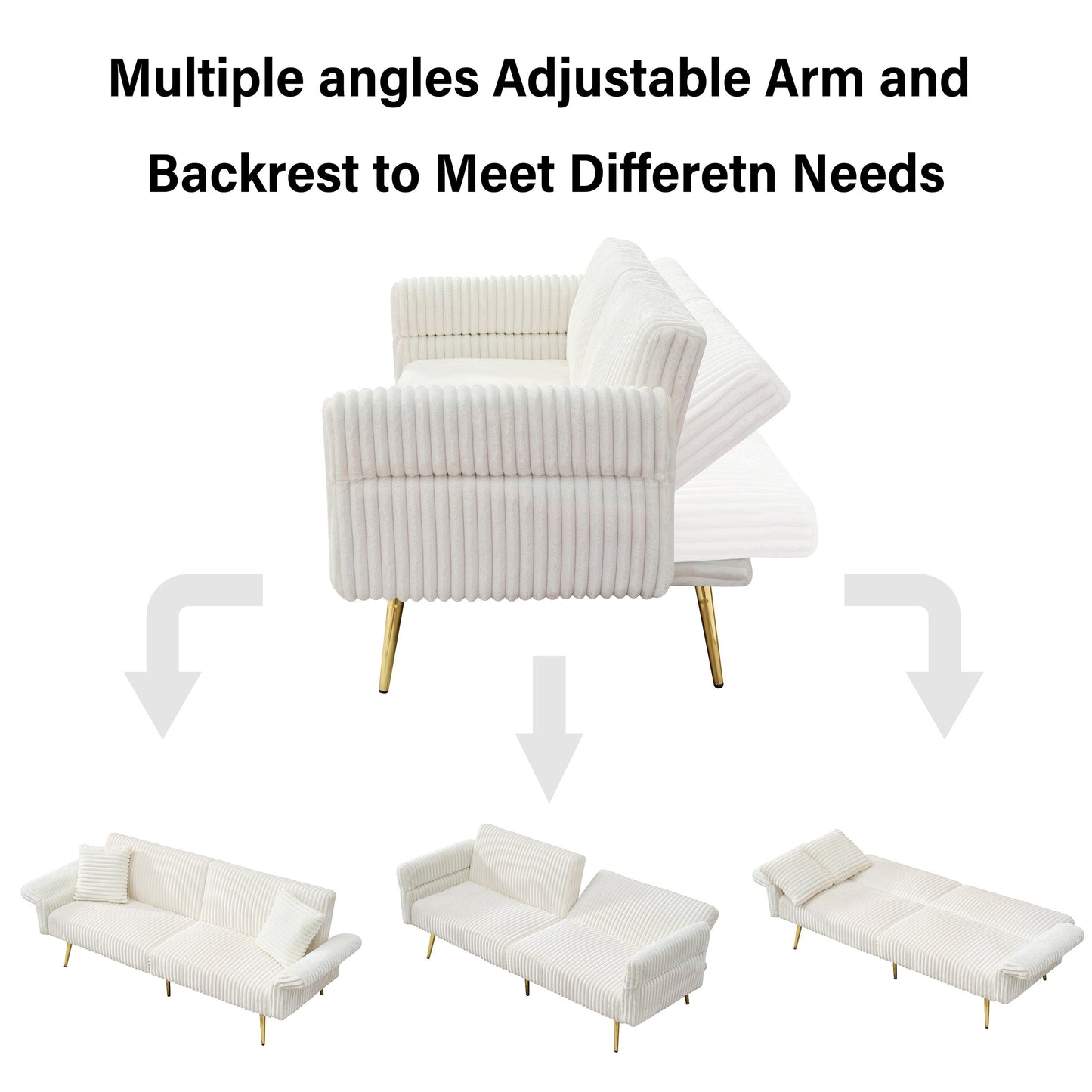 79 Corduroy Foldable Sofa Bed with 3-Position Armrests, High-Resilience Foam, and Metal Legs
