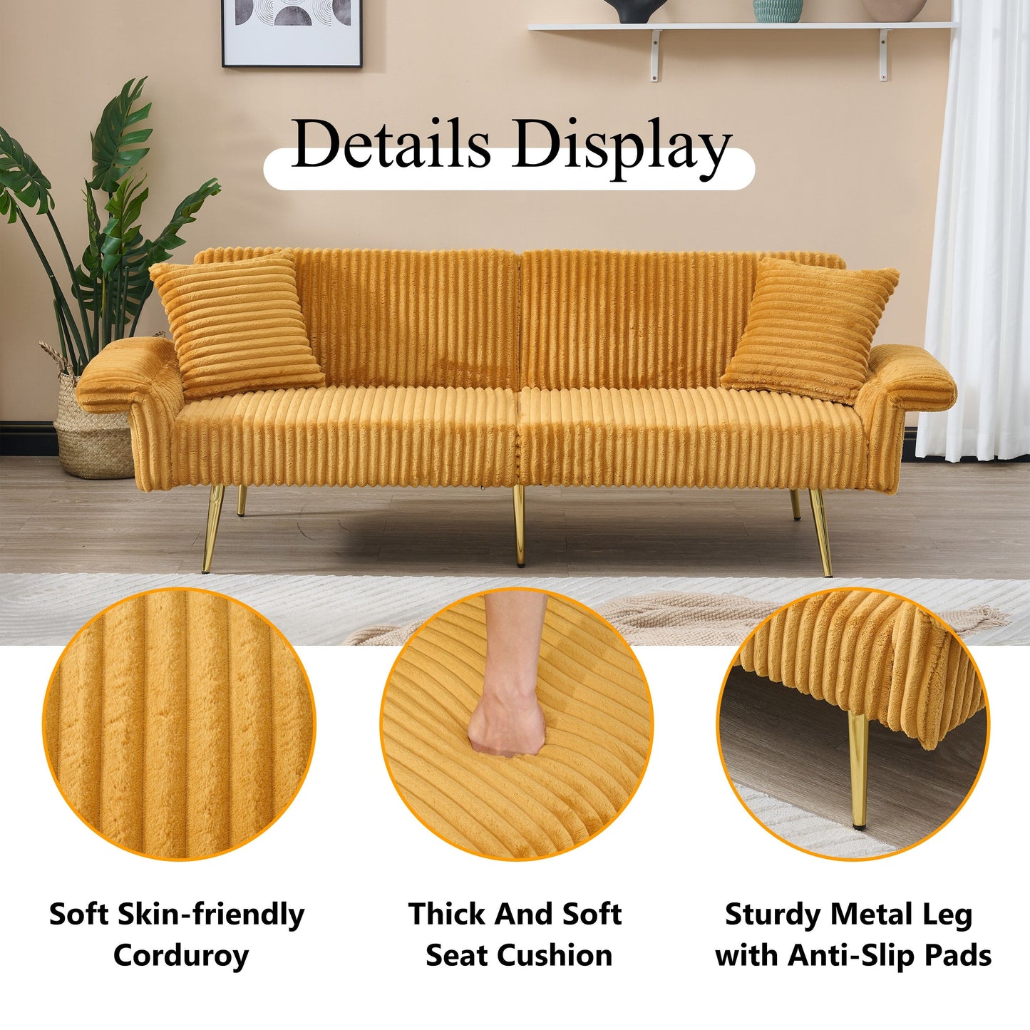 79 Corduroy Foldable Sofa Bed with 3-Position Armrests, High-Resilience Foam, and Metal Legs