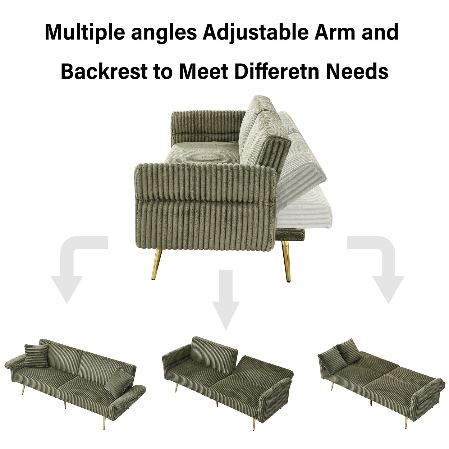 79 Corduroy Foldable Sofa Bed with 3-Position Armrests, High-Resilience Foam, and Metal Legs