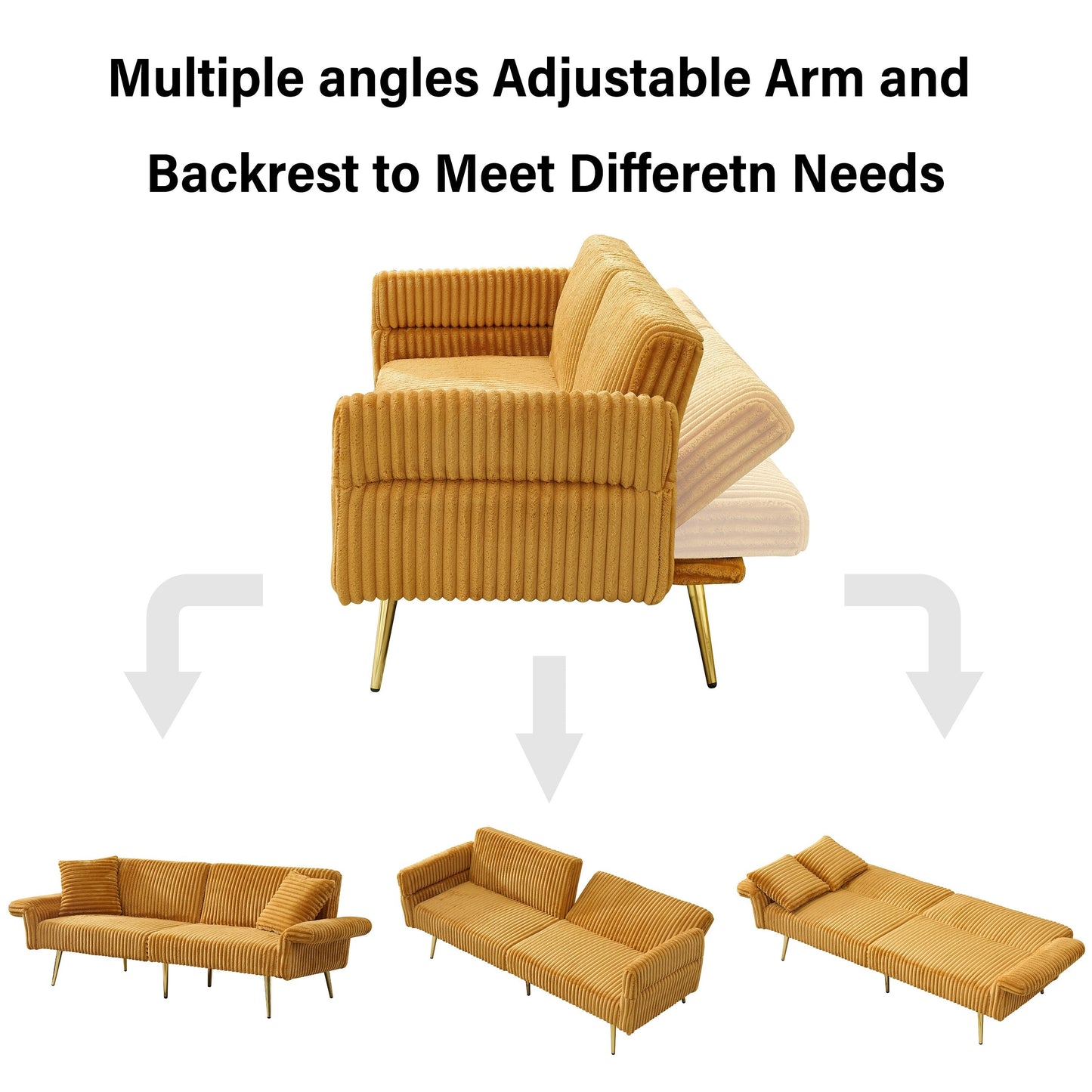 79 Corduroy Foldable Sofa Bed with 3-Position Armrests, High-Resilience Foam, and Metal Legs
