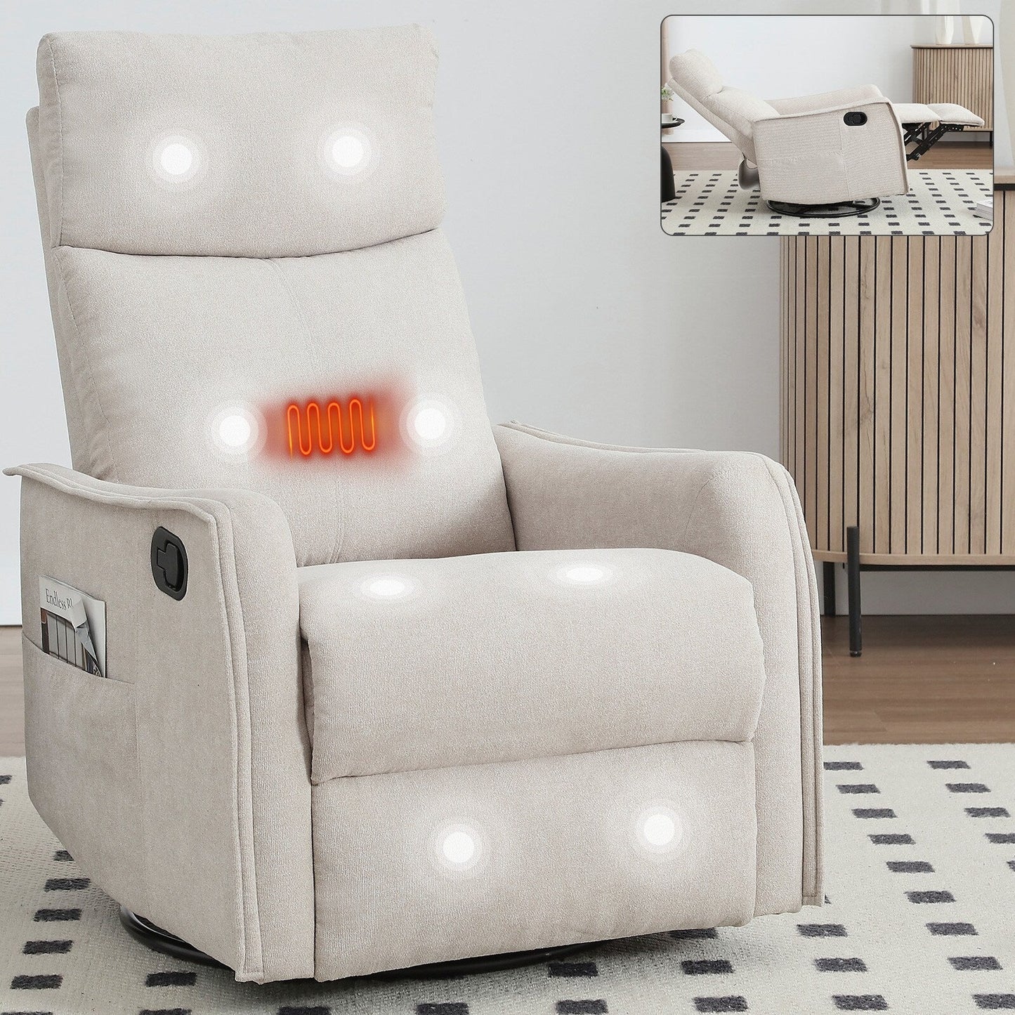 8 Point Vibration 360° Swivel Massage Chair, Adjustable Backrest Manual Recliner Chair with Massage and Lumbar Heating