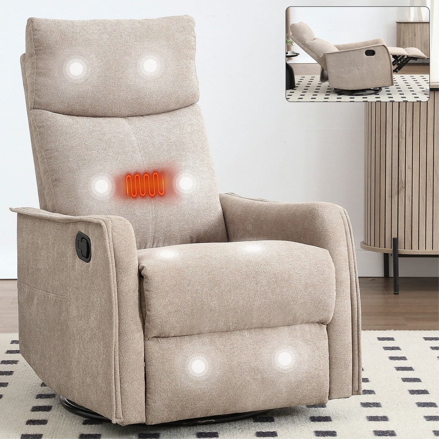 8 Point Vibration 360° Swivel Massage Chair, Adjustable Backrest Manual Recliner Chair with Massage and Lumbar Heating