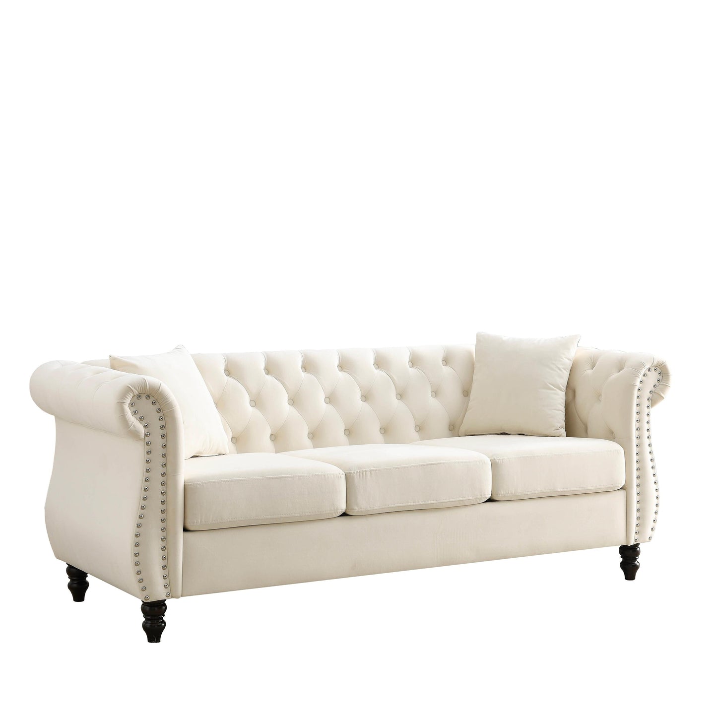 80 Velvet Chesterfield 3-Seater Sofa with Tufted Design, Nailhead Trim, and 2 Pillows