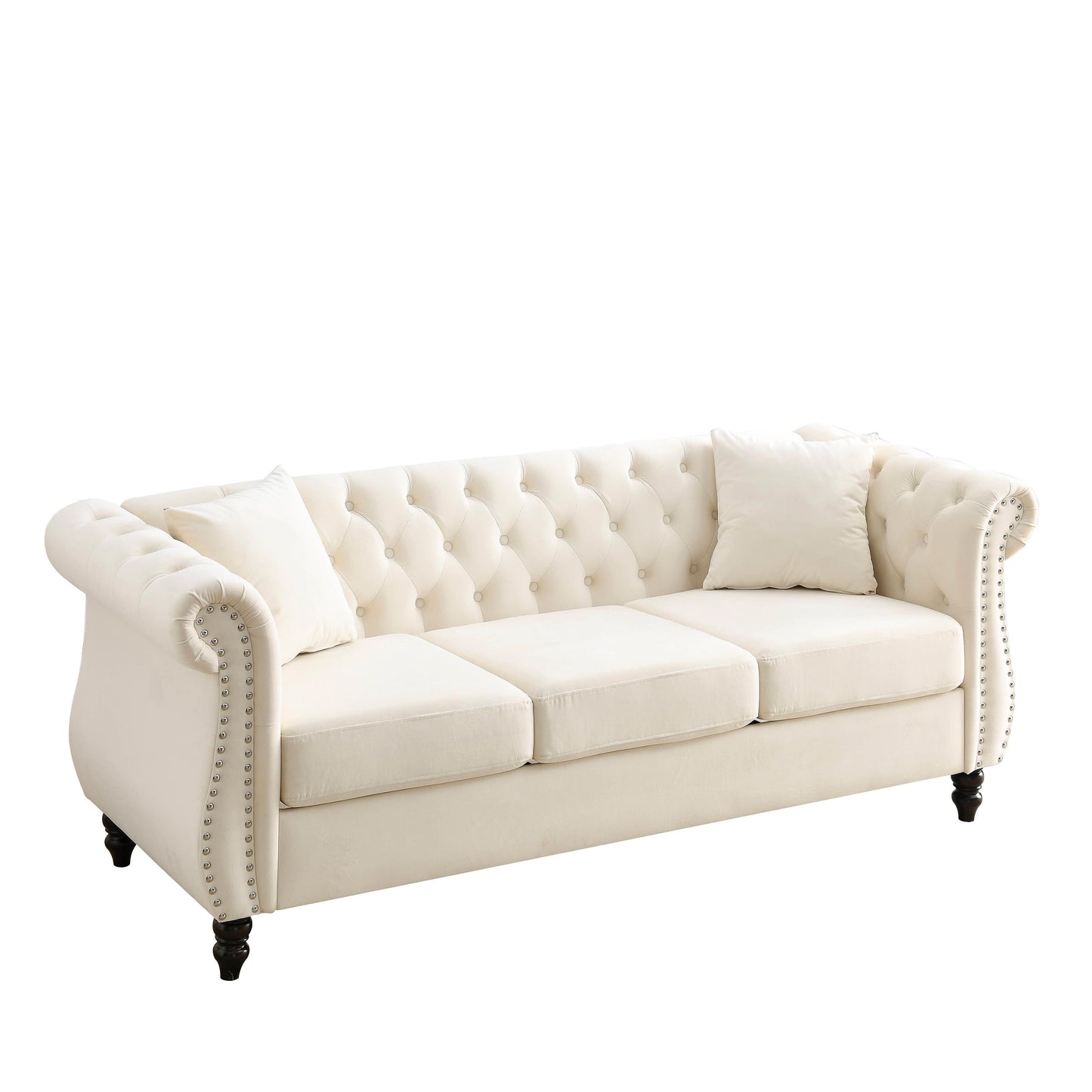 80 Velvet Chesterfield 3-Seater Sofa with Tufted Design, Nailhead Trim, and 2 Pillows