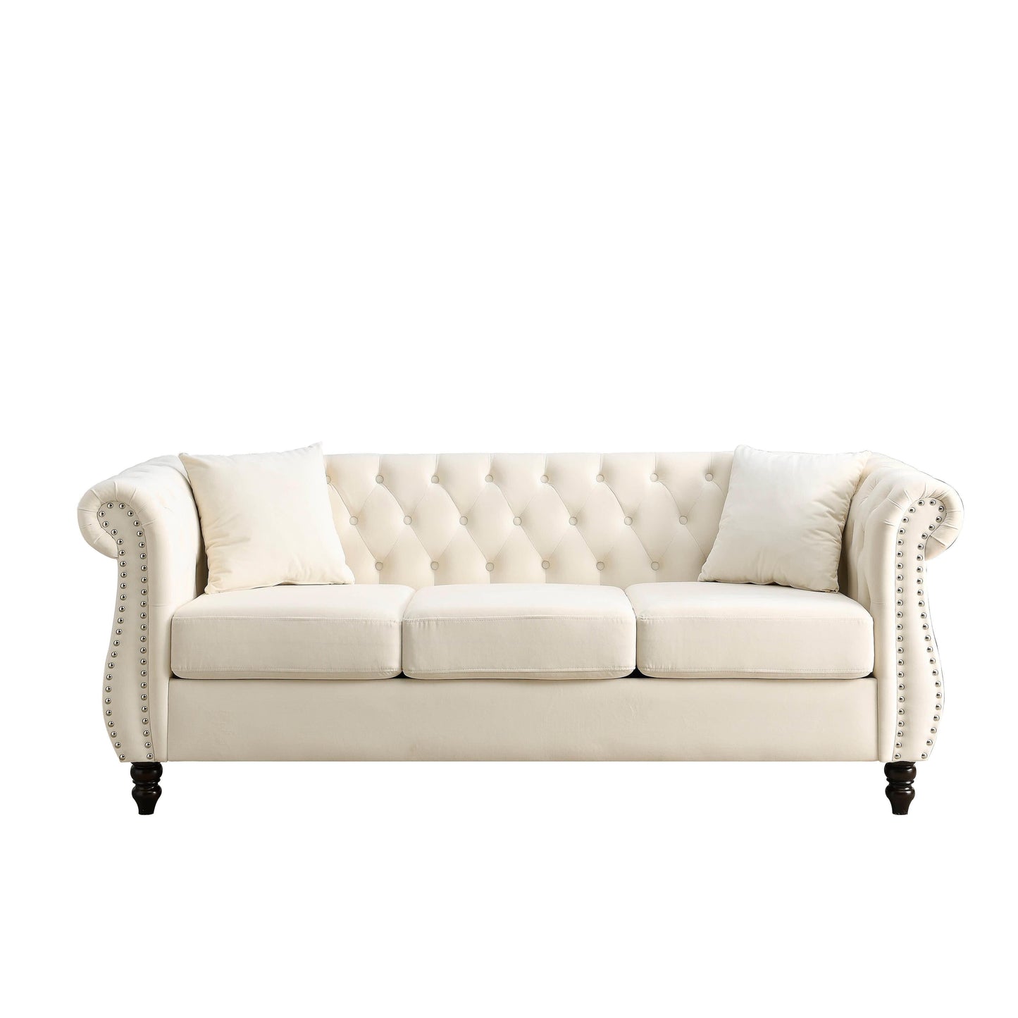 80 Velvet Chesterfield 3-Seater Sofa with Tufted Design, Nailhead Trim, and 2 Pillows