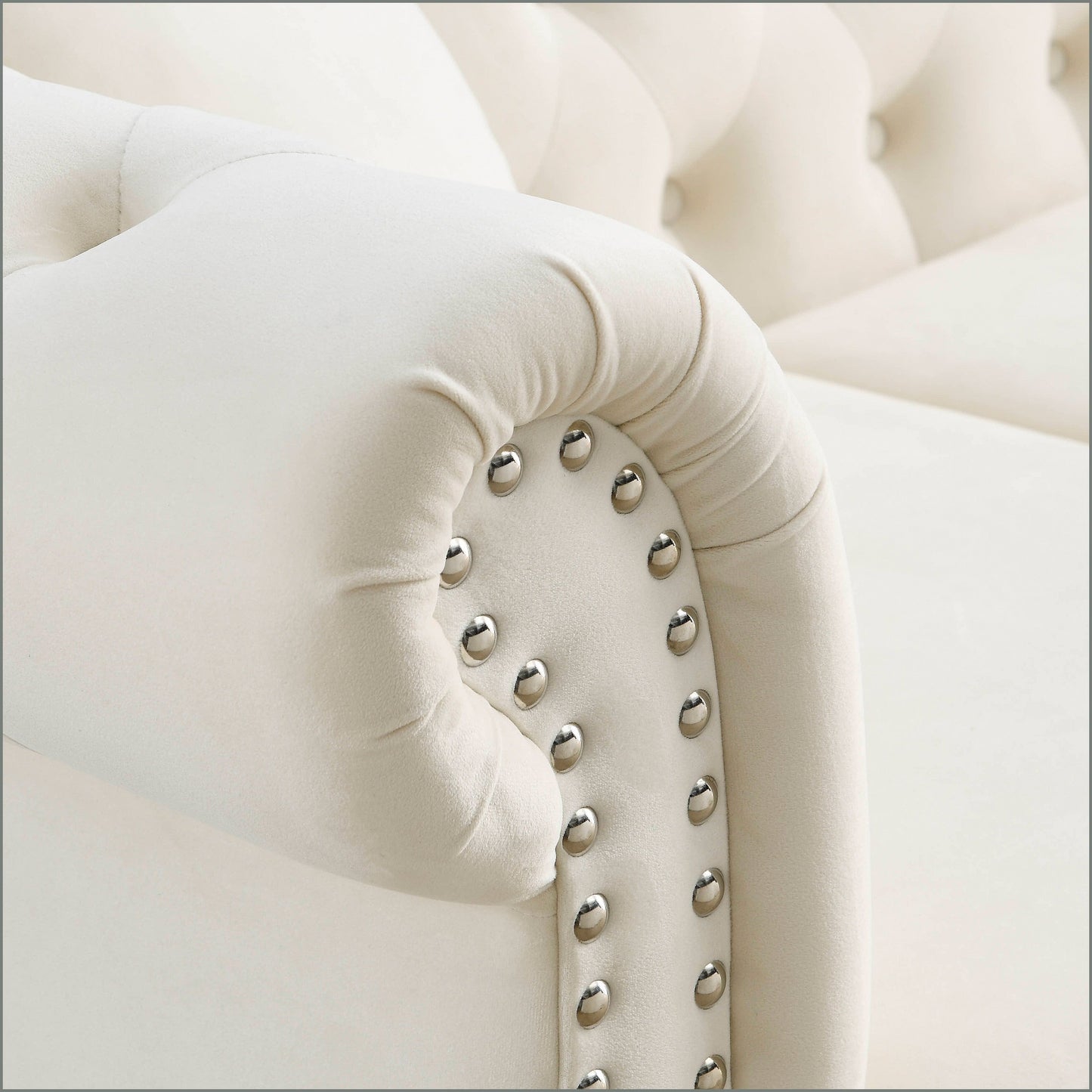 80 Velvet Chesterfield 3-Seater Sofa with Tufted Design, Nailhead Trim, and 2 Pillows