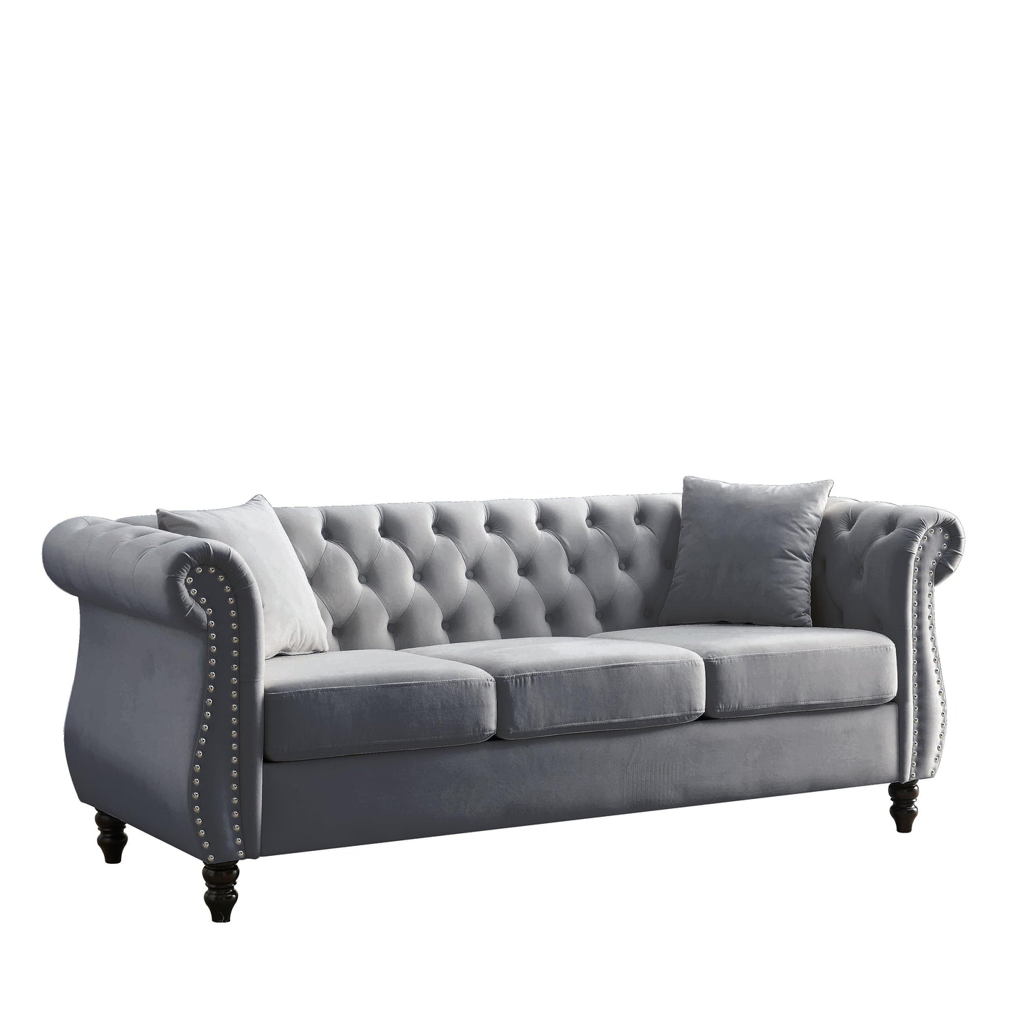 80 Velvet Chesterfield 3-Seater Sofa with Tufted Design, Nailhead Trim, and 2 Pillows