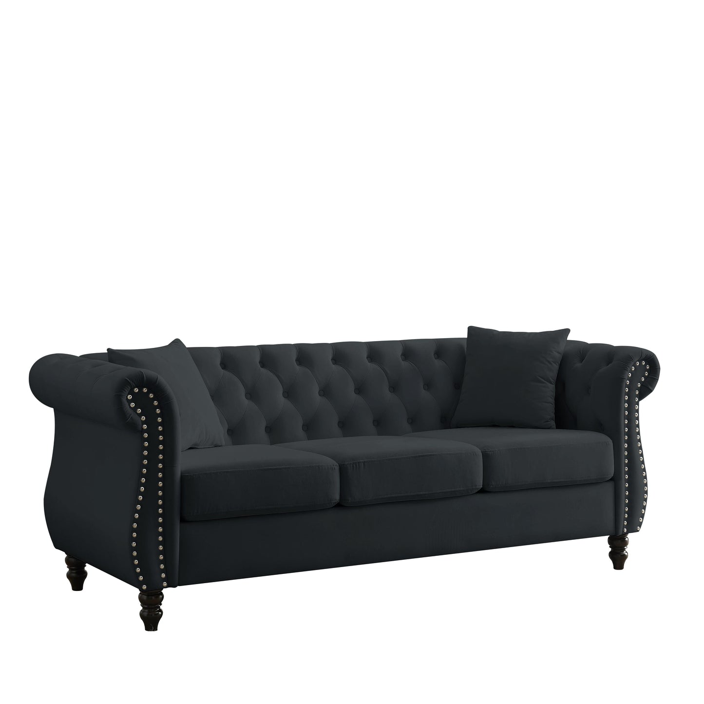 80 Velvet Chesterfield 3-Seater Sofa with Tufted Design, Nailhead Trim, and 2 Pillows