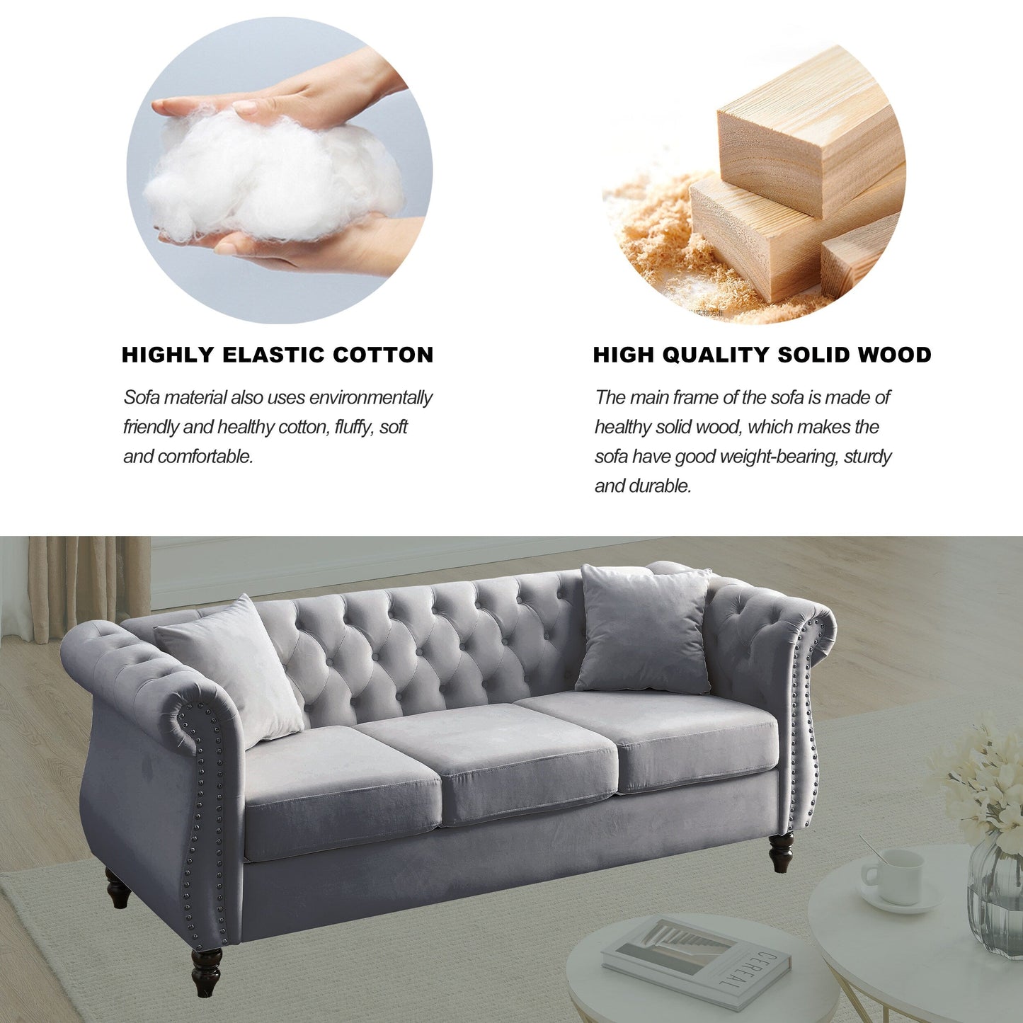 80 Velvet Chesterfield 3-Seater Sofa with Tufted Design, Nailhead Trim, and 2 Pillows