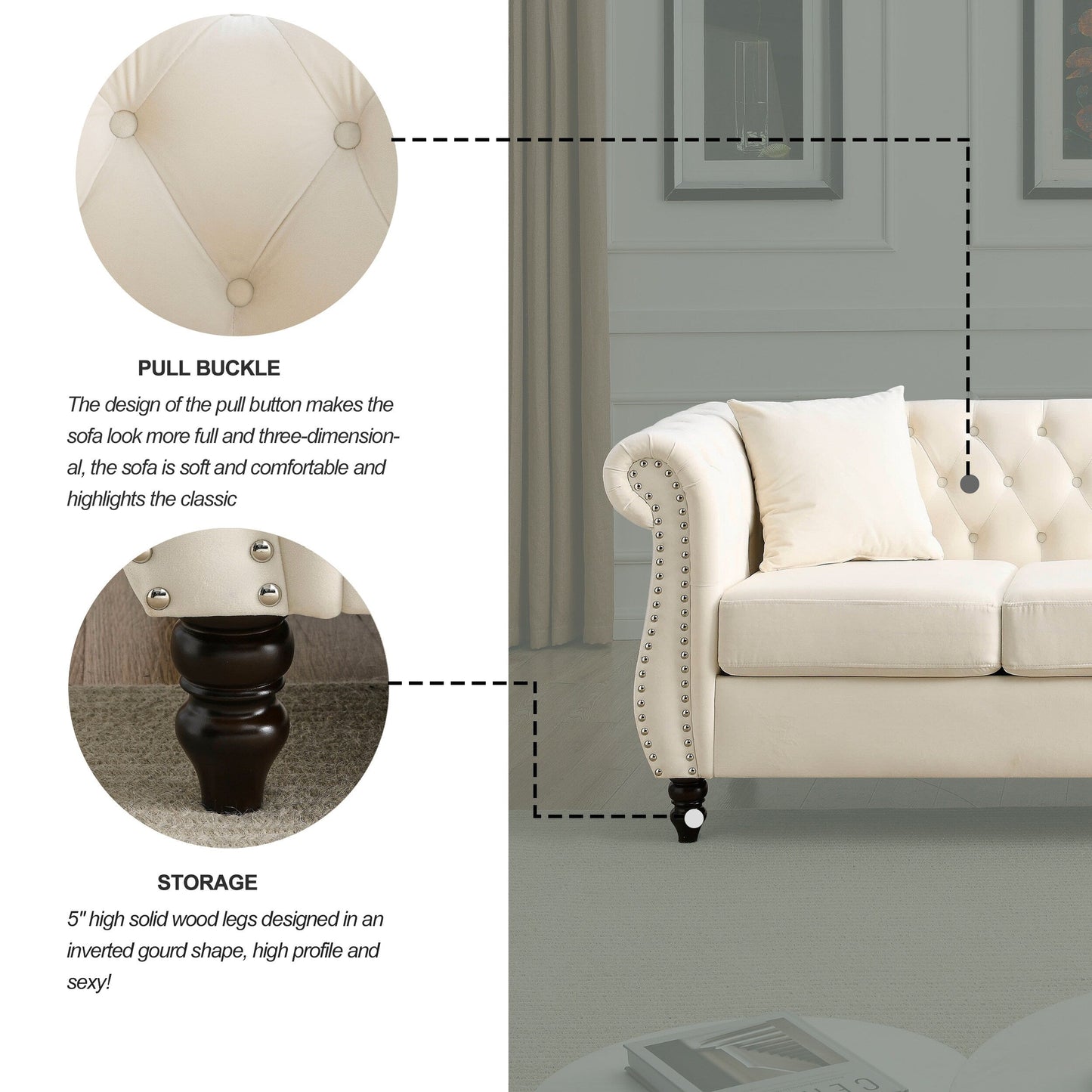 80 Velvet Chesterfield 3-Seater Sofa with Tufted Design, Nailhead Trim, and 2 Pillows