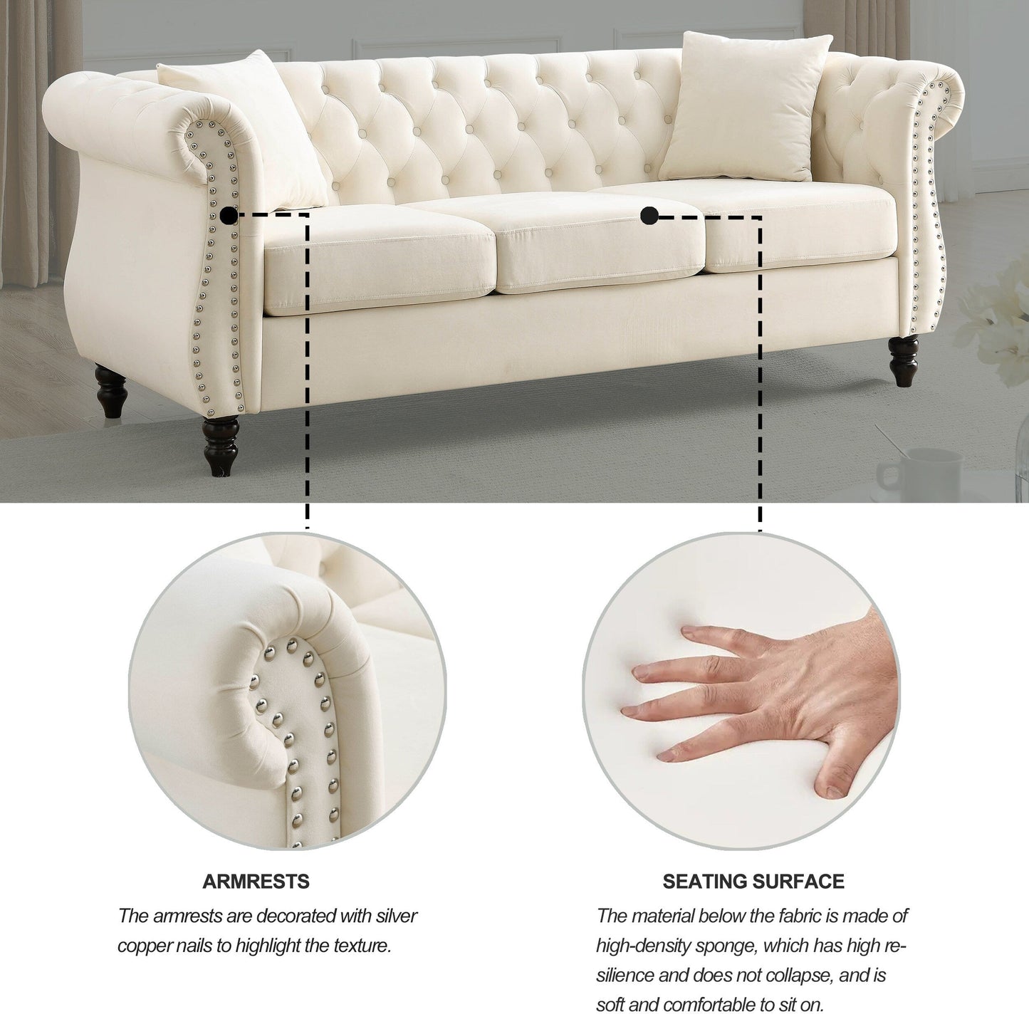 80 Velvet Chesterfield 3-Seater Sofa with Tufted Design, Nailhead Trim, and 2 Pillows