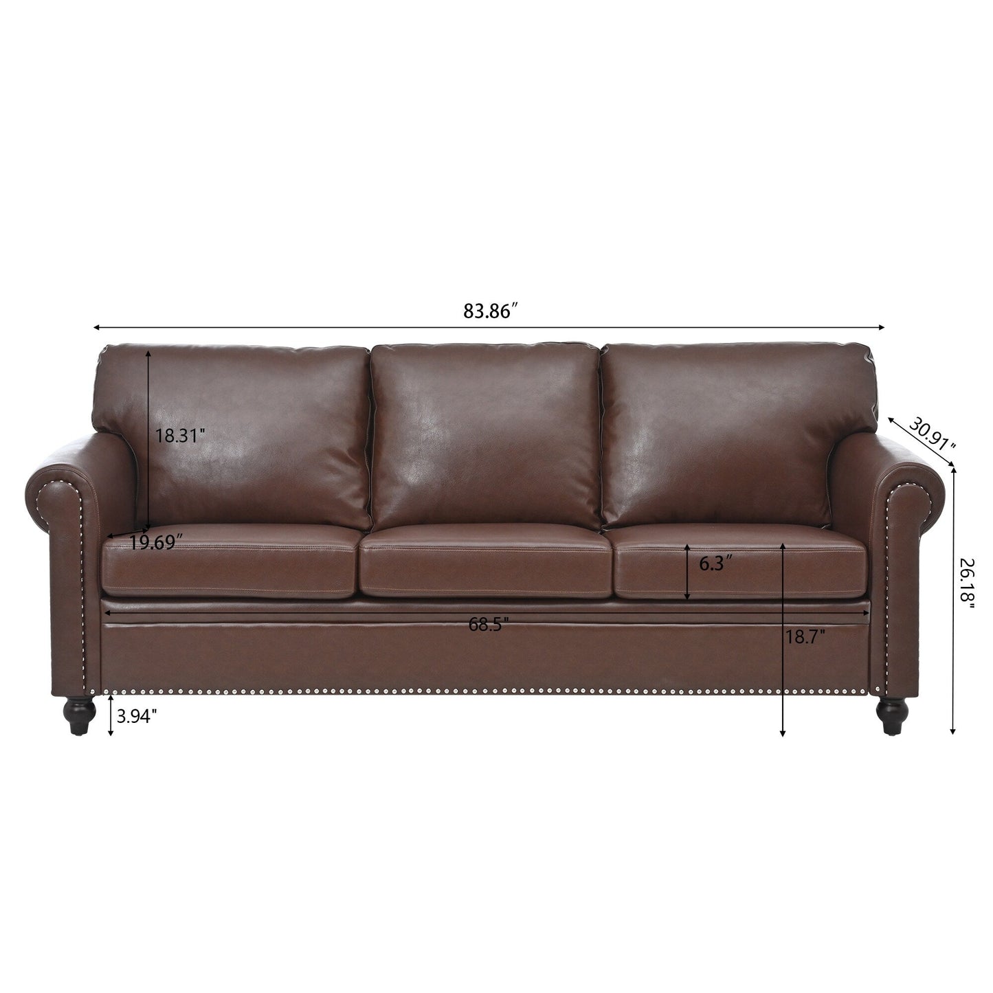 83.86 Fabric Roll-Arm 3-Seater Sofa with Pocket Spring Seat, PP Foam Backrest, and Solid Wood Frame